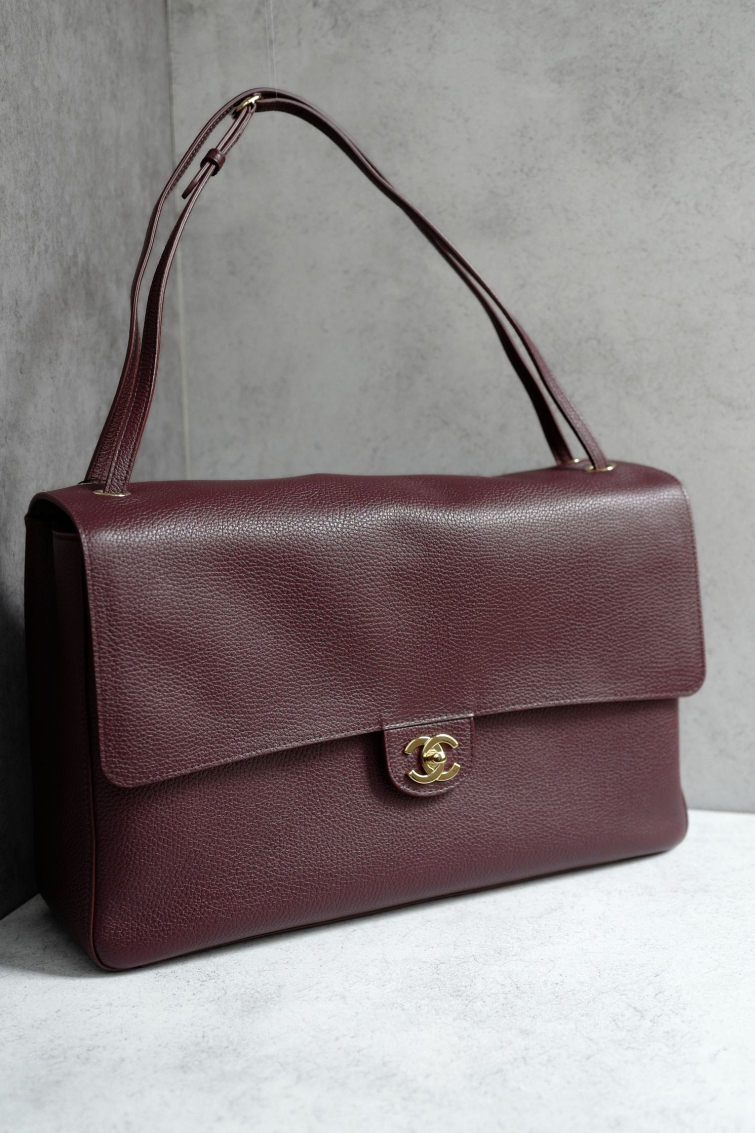 Chanel 26S Matthieu Blazy's Maxi 38 Flapbag Burgundy Grained Calfskin GHW