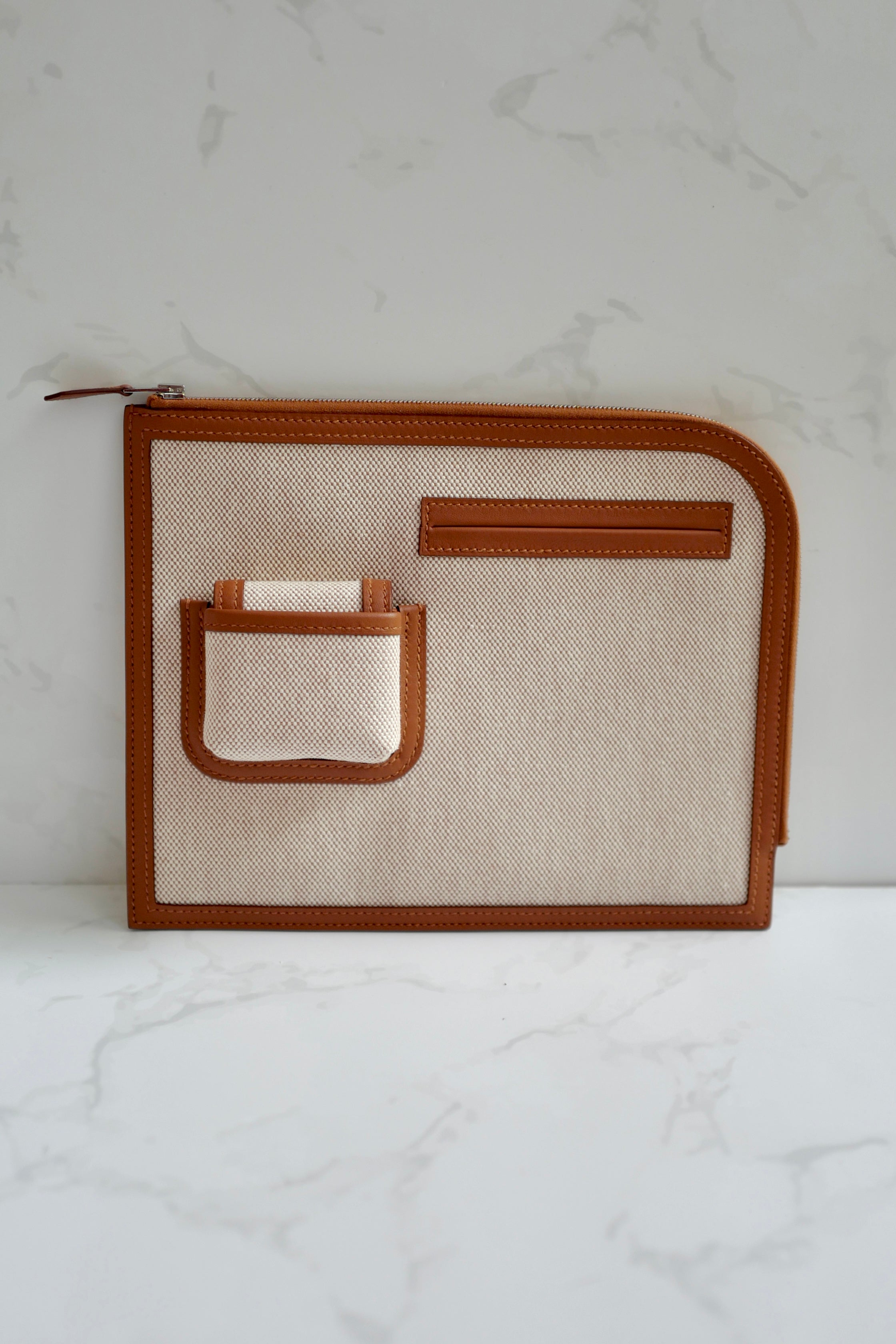 BNIB Hermès H Swift Canvas Cargo Travel Pouch in Ecru-Gold with Palladium HW
