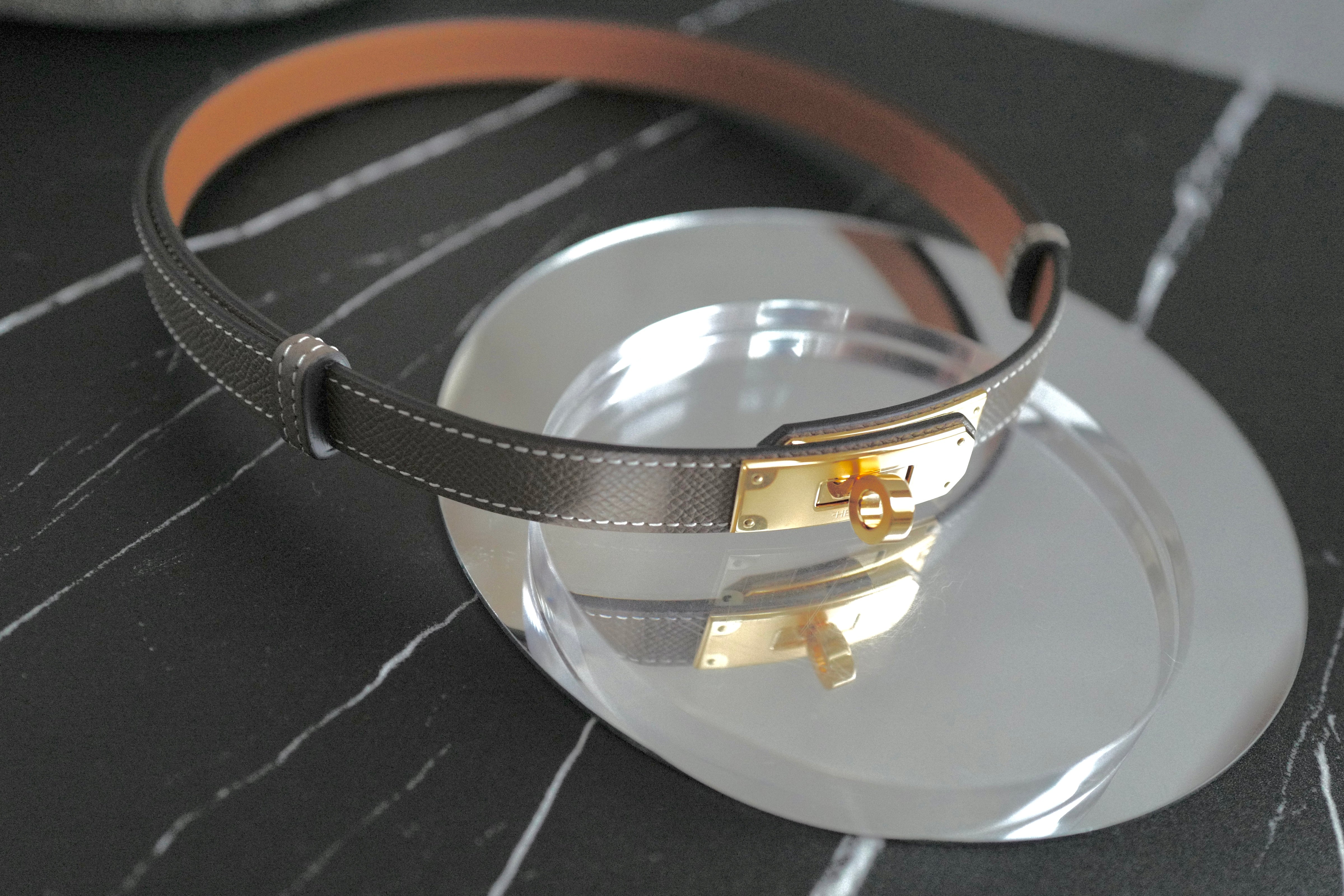 NEW Hermes Kelly Belt 18 Epsom Calfskin Etoupe Gold HW