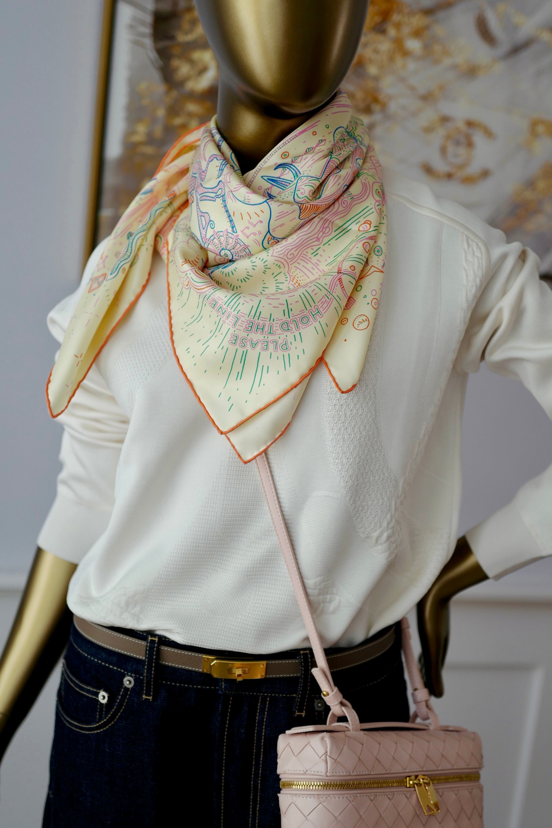 NEW Hermes Please Hold The Line Ac/Vanilla/Bleu 90 silk scarf