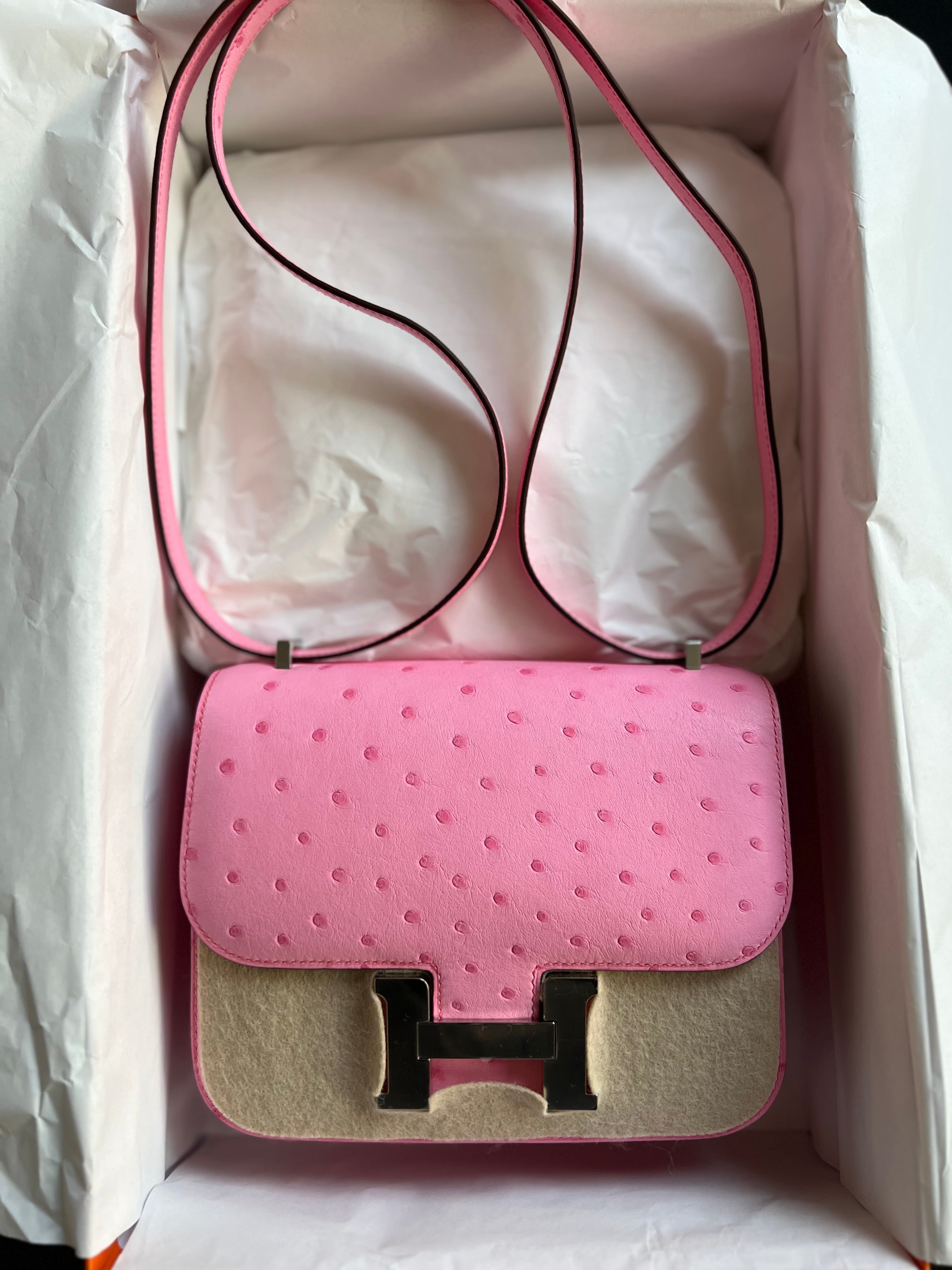 NEW Hermes Constance III Mini Mirror Ostrich Rose Bubblegum W Complete Receipt