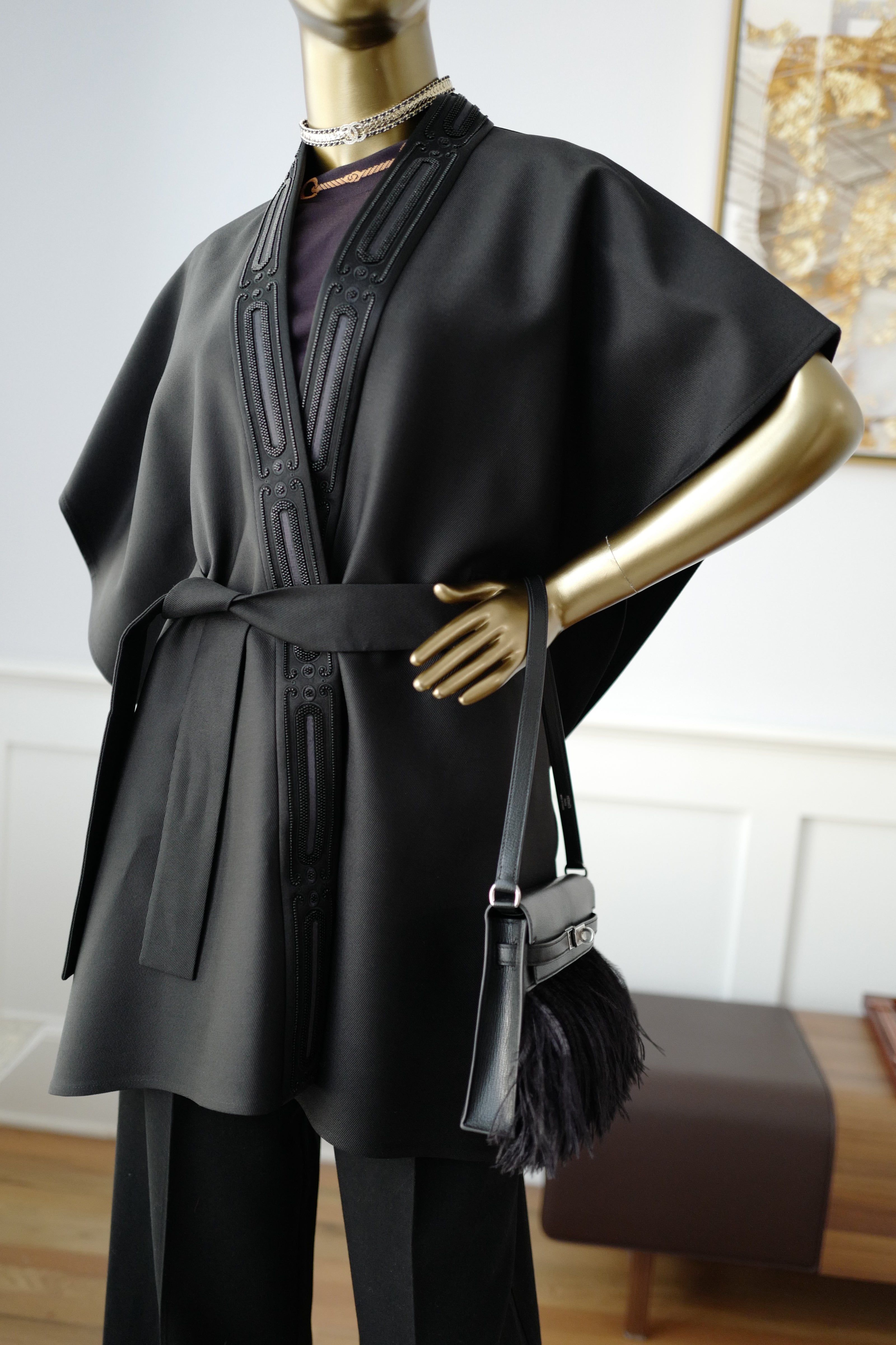 NEW Hermes Embroidered Long Poncho Vest Size 34 Noir Black Over $7K Retail