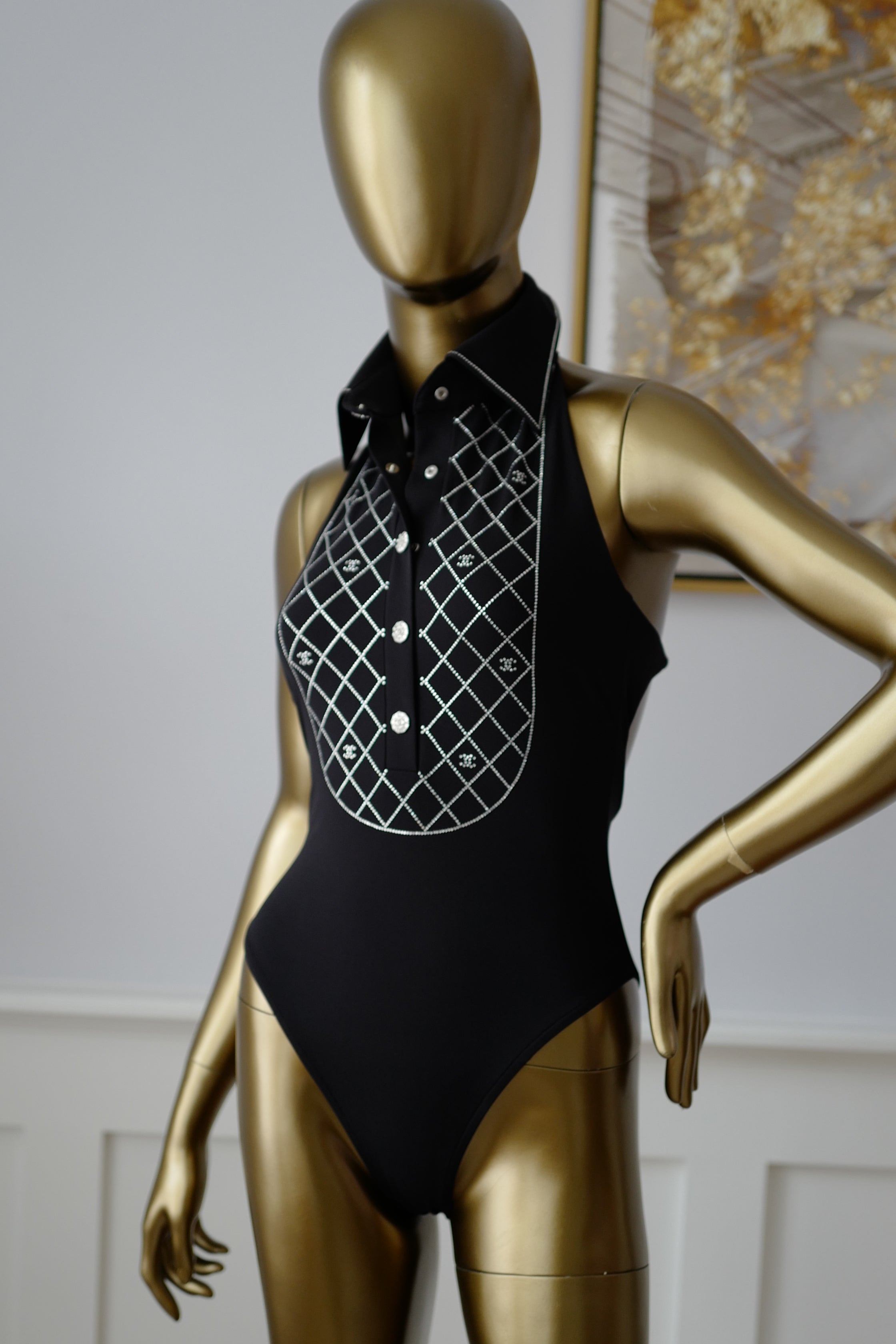 Chanel 23C Black Crystal Collar CC Logo One Piece Swimsuit Runway Bathing 36