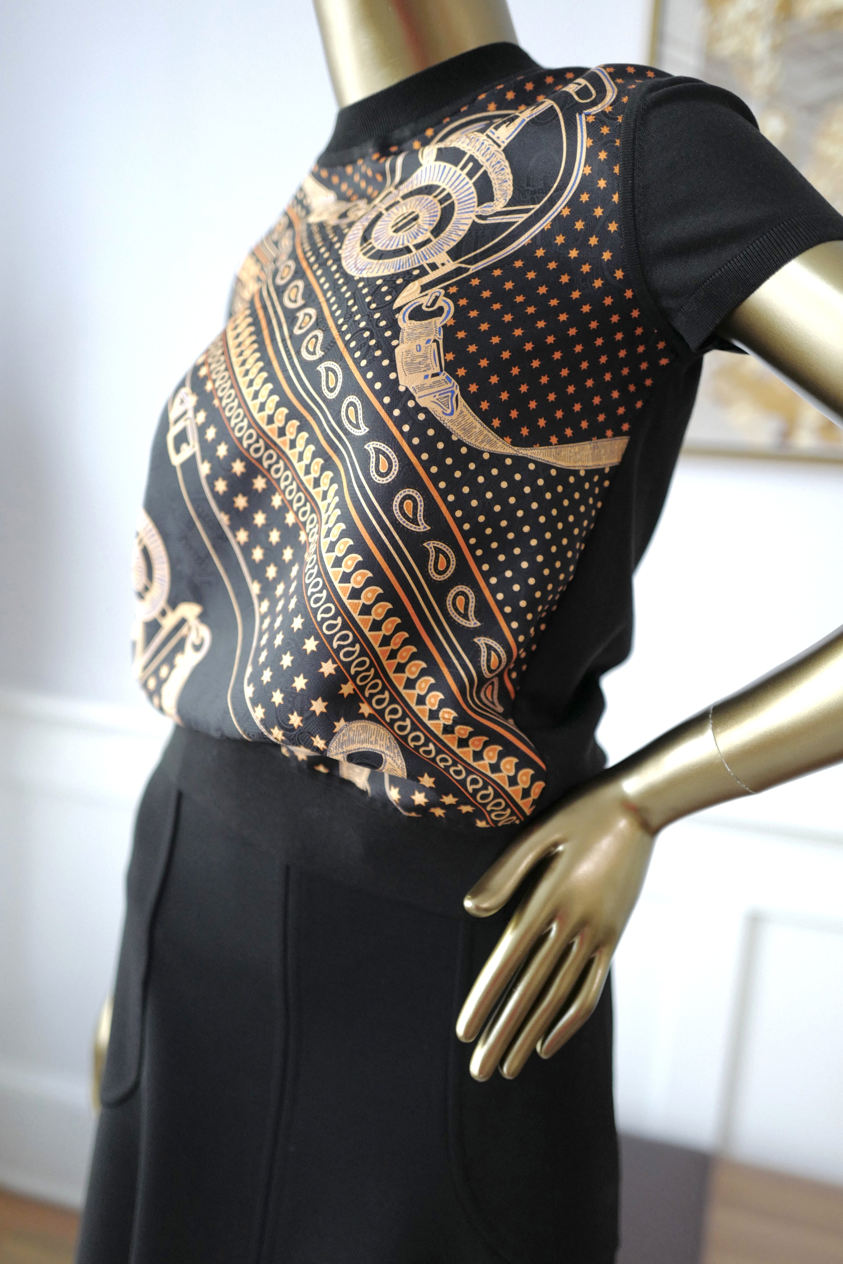 NEW Hermes Eperon D’or Bandana Short-sleeve Twillaine Pullover Noir Black sz 34