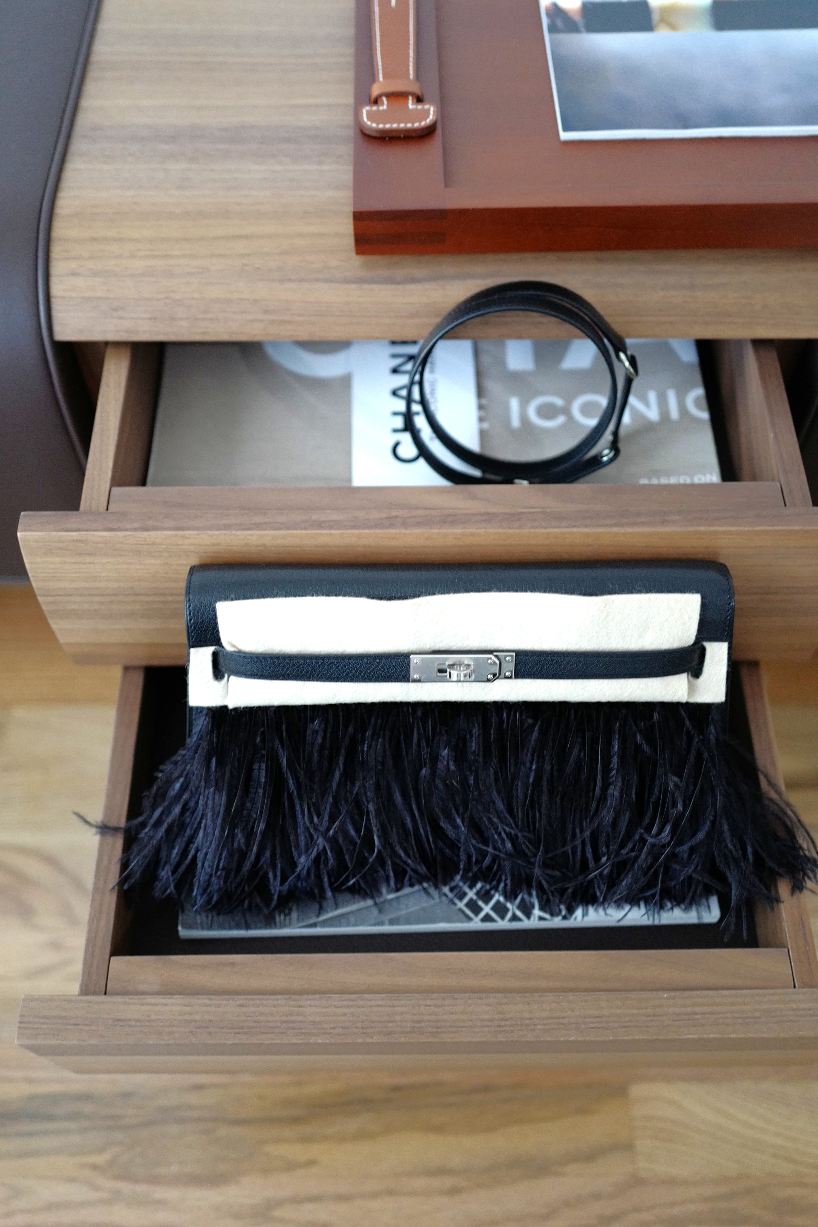 BNIB Hermes Kelly Elan Folie Black In Chevre Leather & Ostrich Feathers PHW