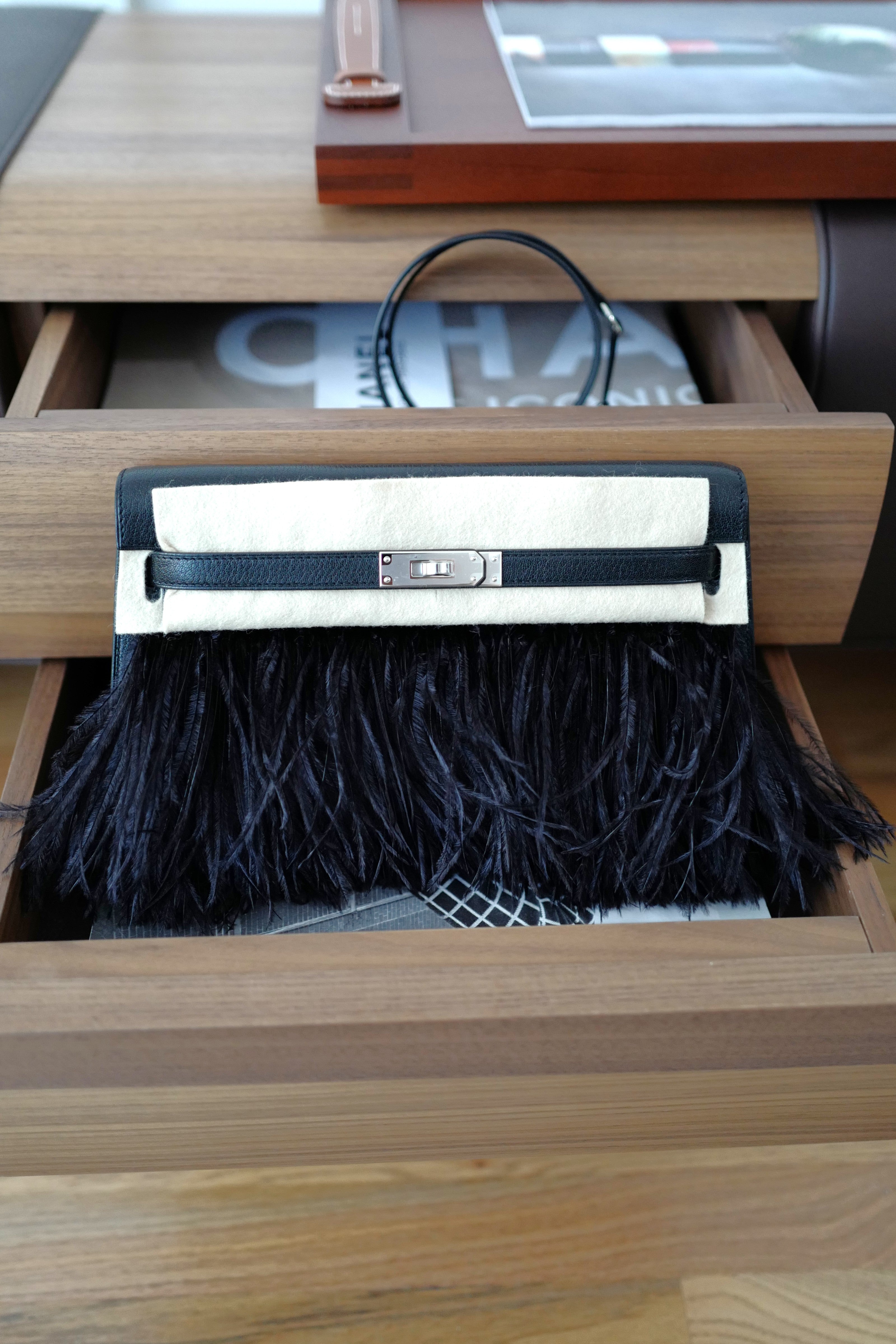 BNIB Hermes Kelly Elan Folie Black In Chevre Leather & Ostrich Feathers PHW