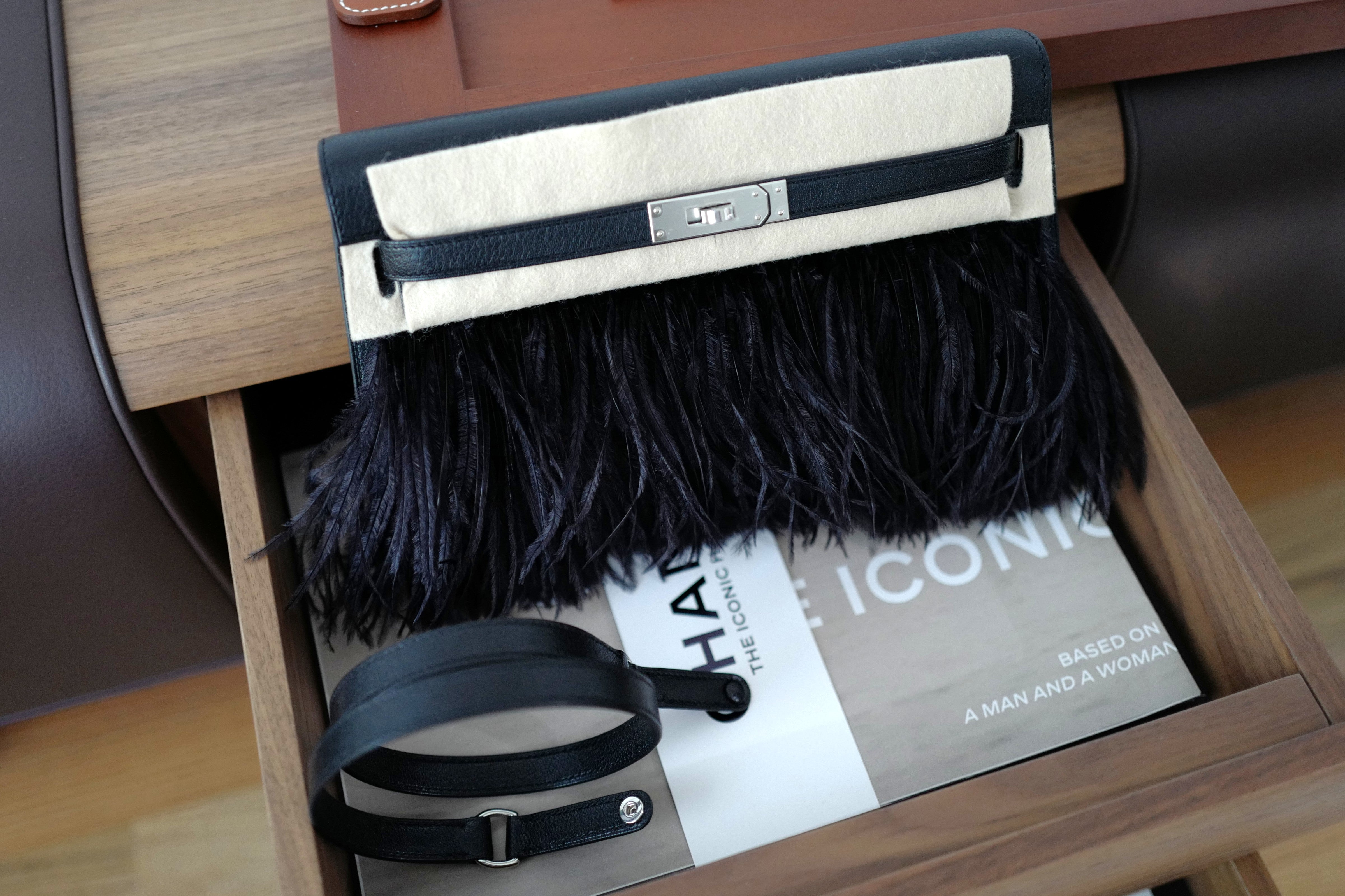 BNIB Hermes Kelly Elan Folie Black In Chevre Leather & Ostrich Feathers PHW