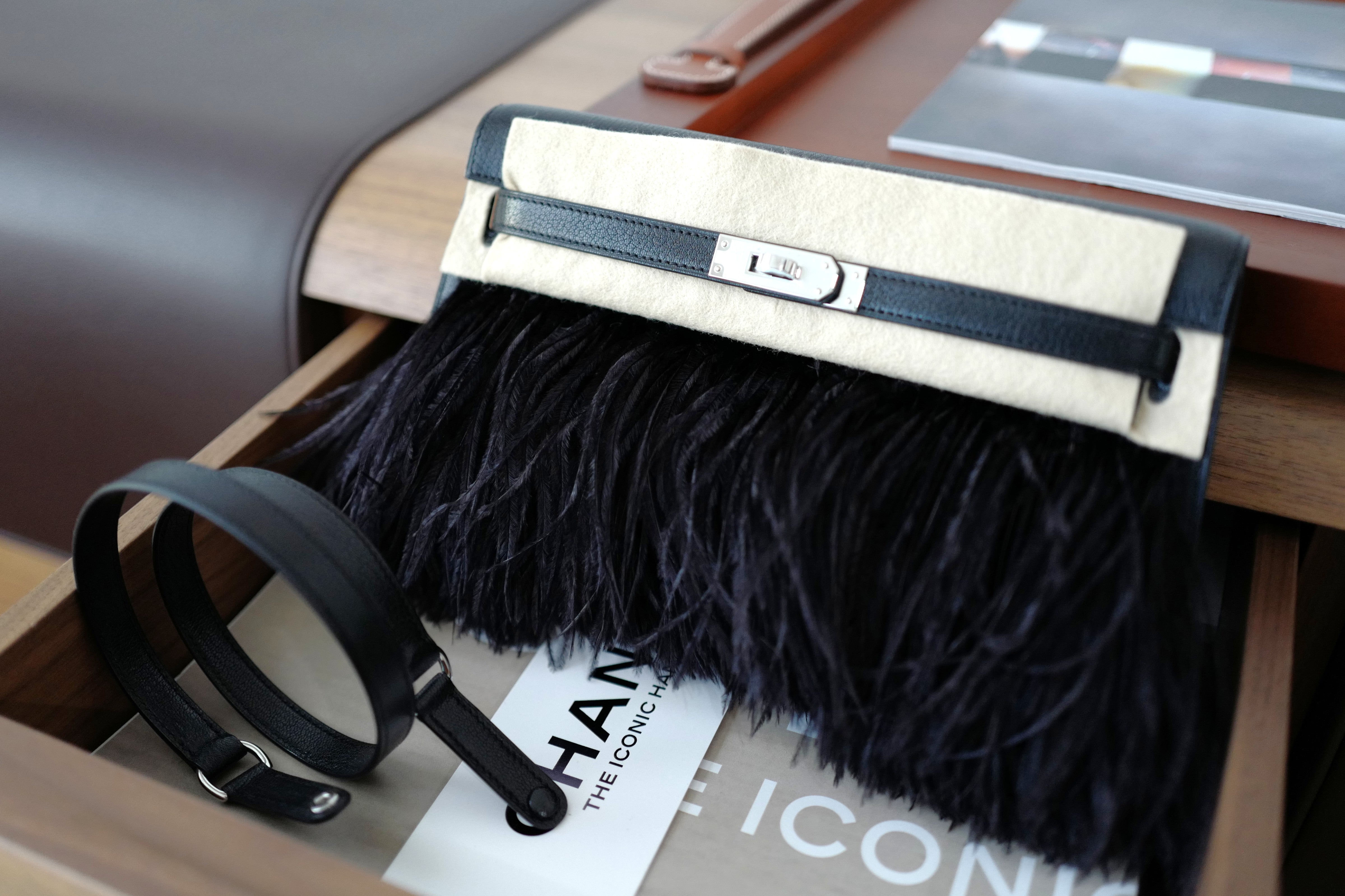 BNIB Hermes Kelly Elan Folie Black In Chevre Leather & Ostrich Feathers PHW