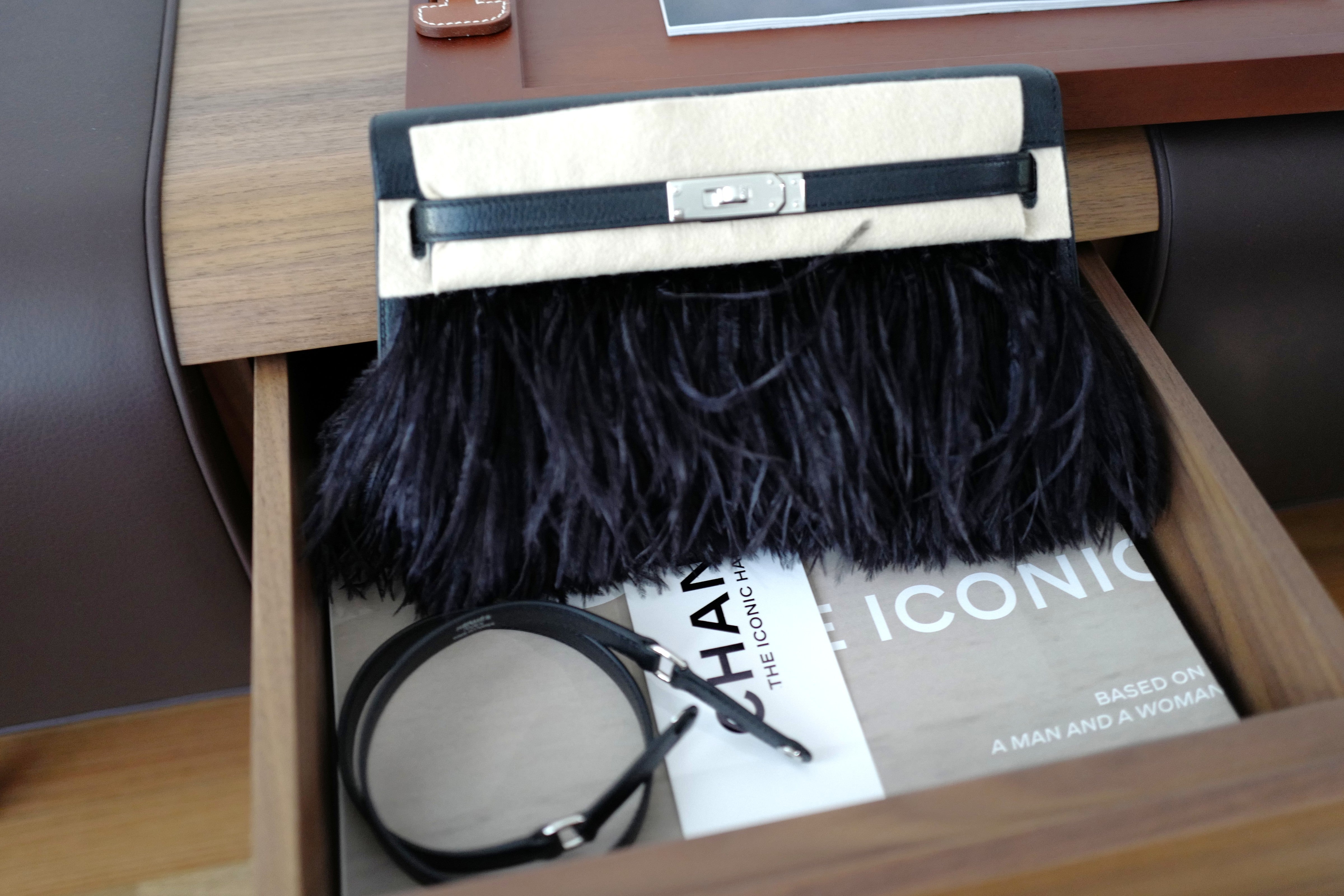 BNIB Hermes Kelly Elan Folie Black In Chevre Leather & Ostrich Feathers PHW