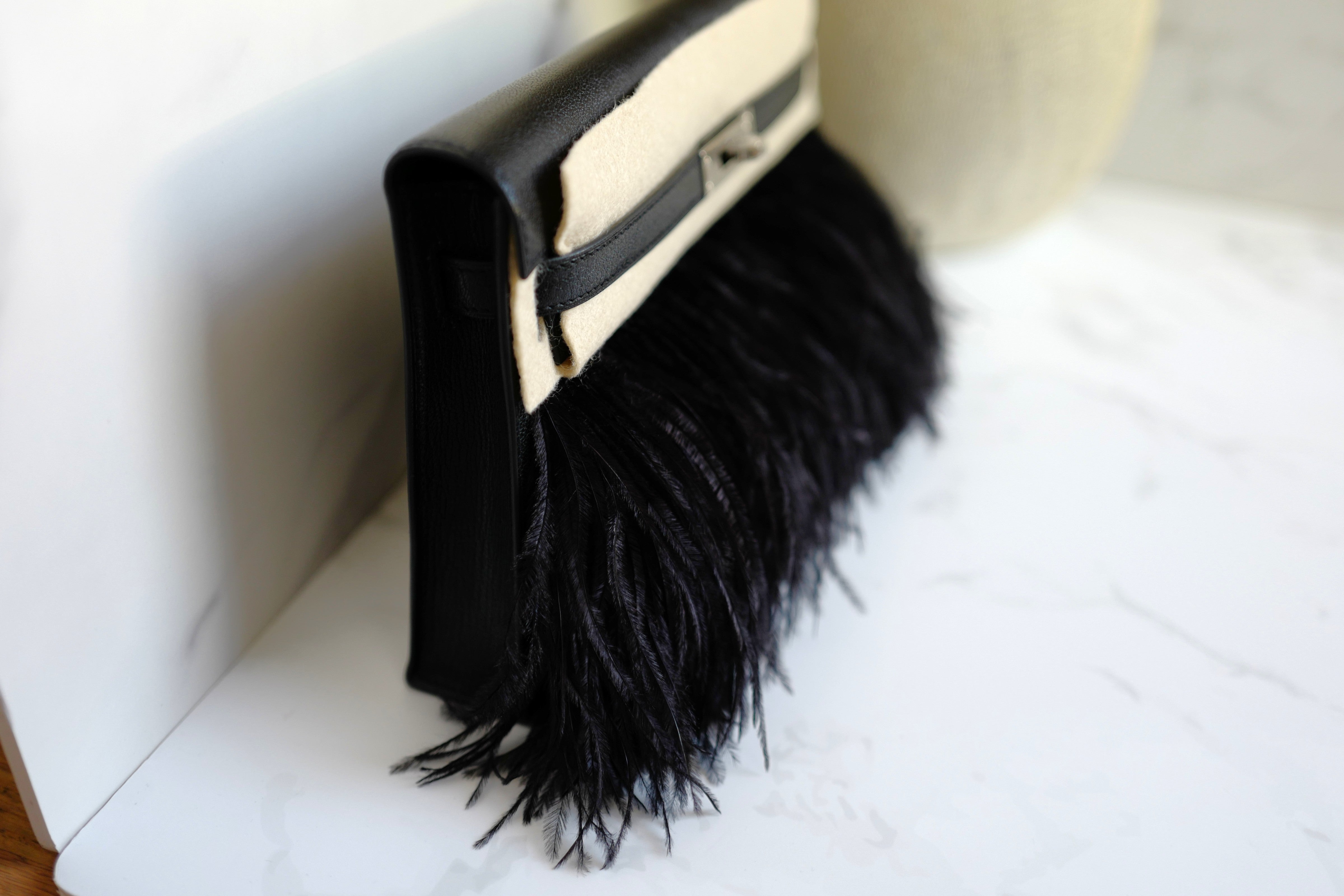 BNIB Hermes Kelly Elan Folie Black In Chevre Leather & Ostrich Feathers PHW