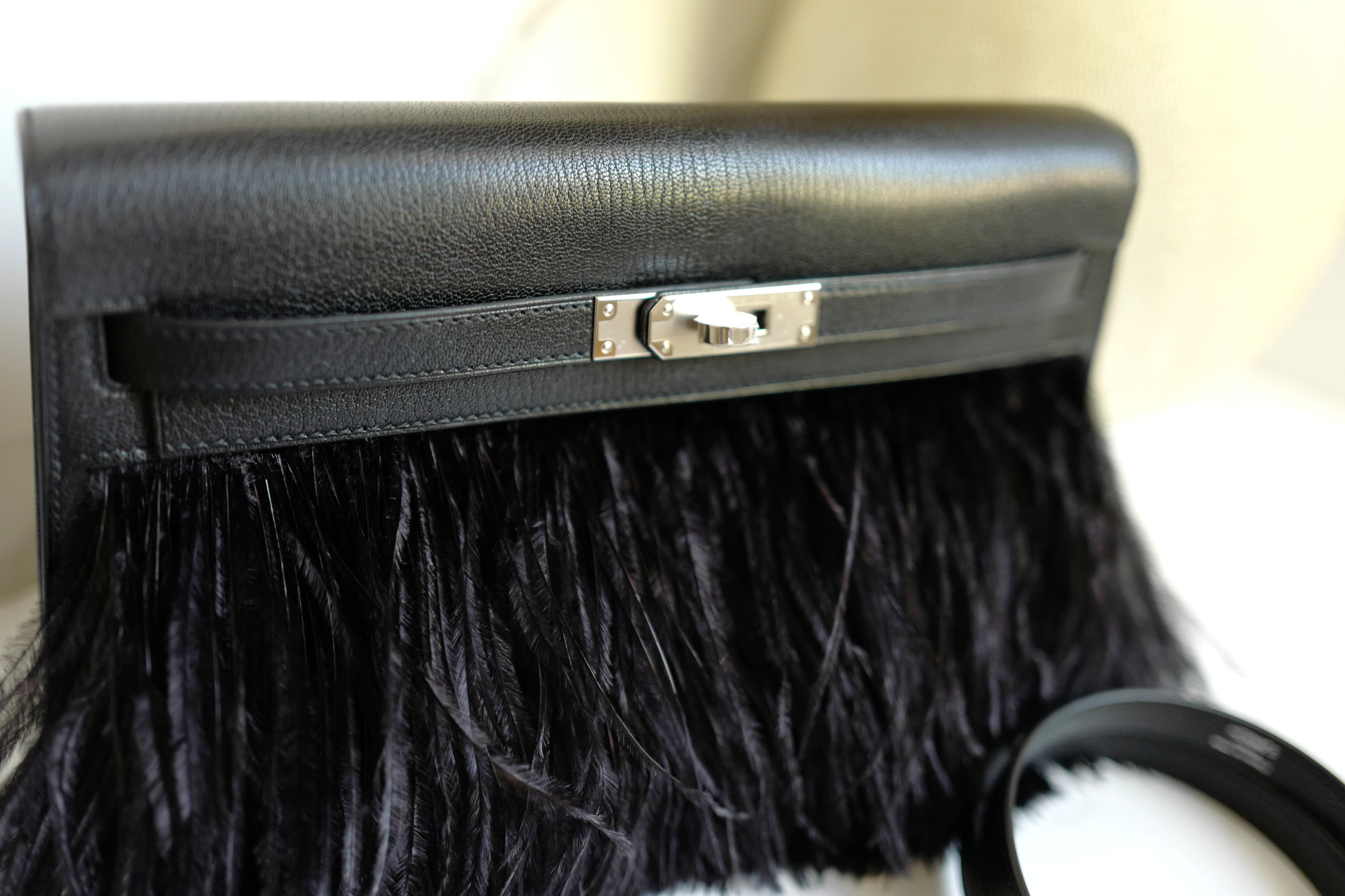 BNIB Hermes Kelly Elan Folie Black In Chevre Leather & Ostrich Feathers PHW