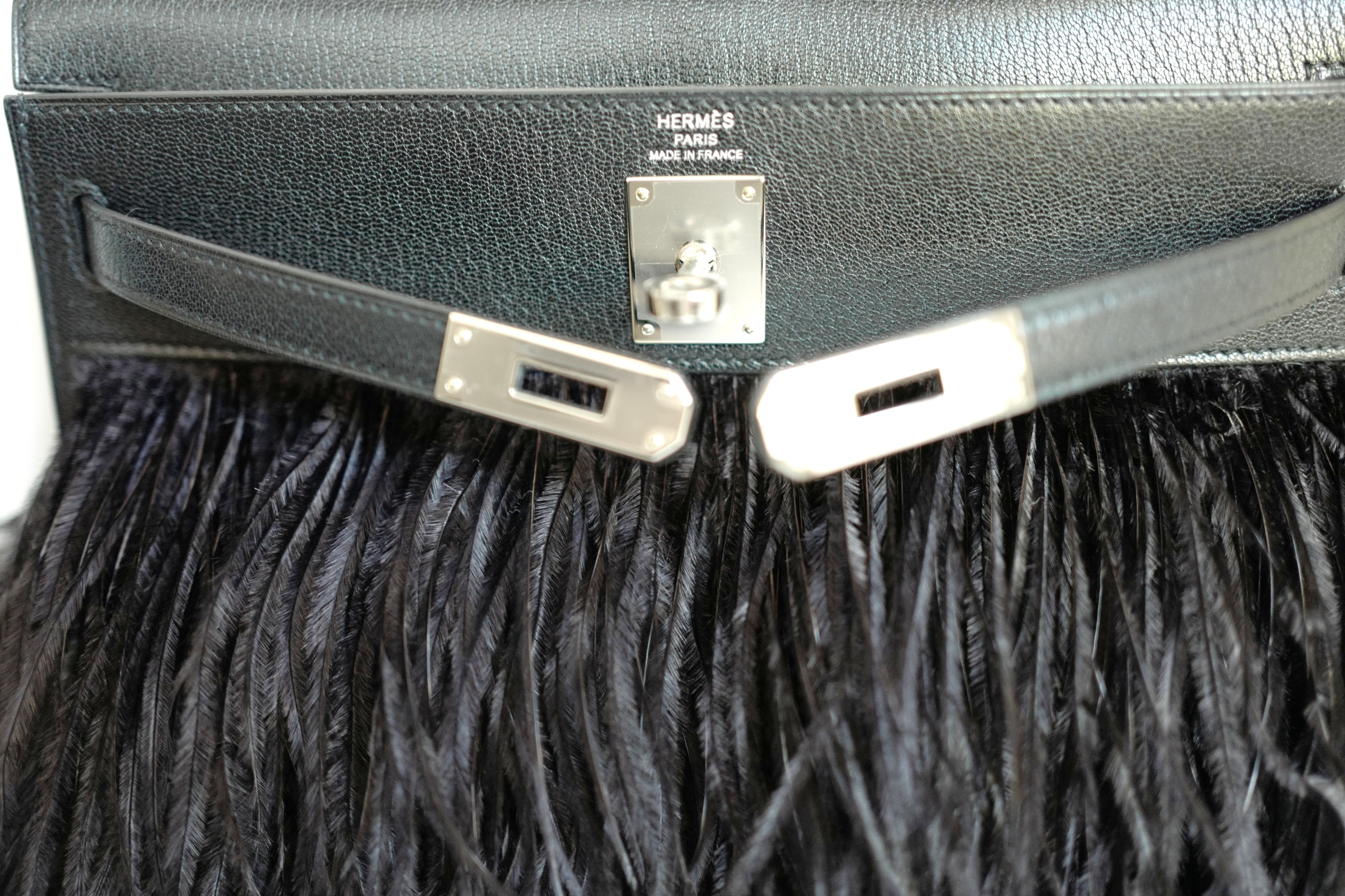 BNIB Hermes Kelly Elan Folie Black In Chevre Leather & Ostrich Feathers PHW