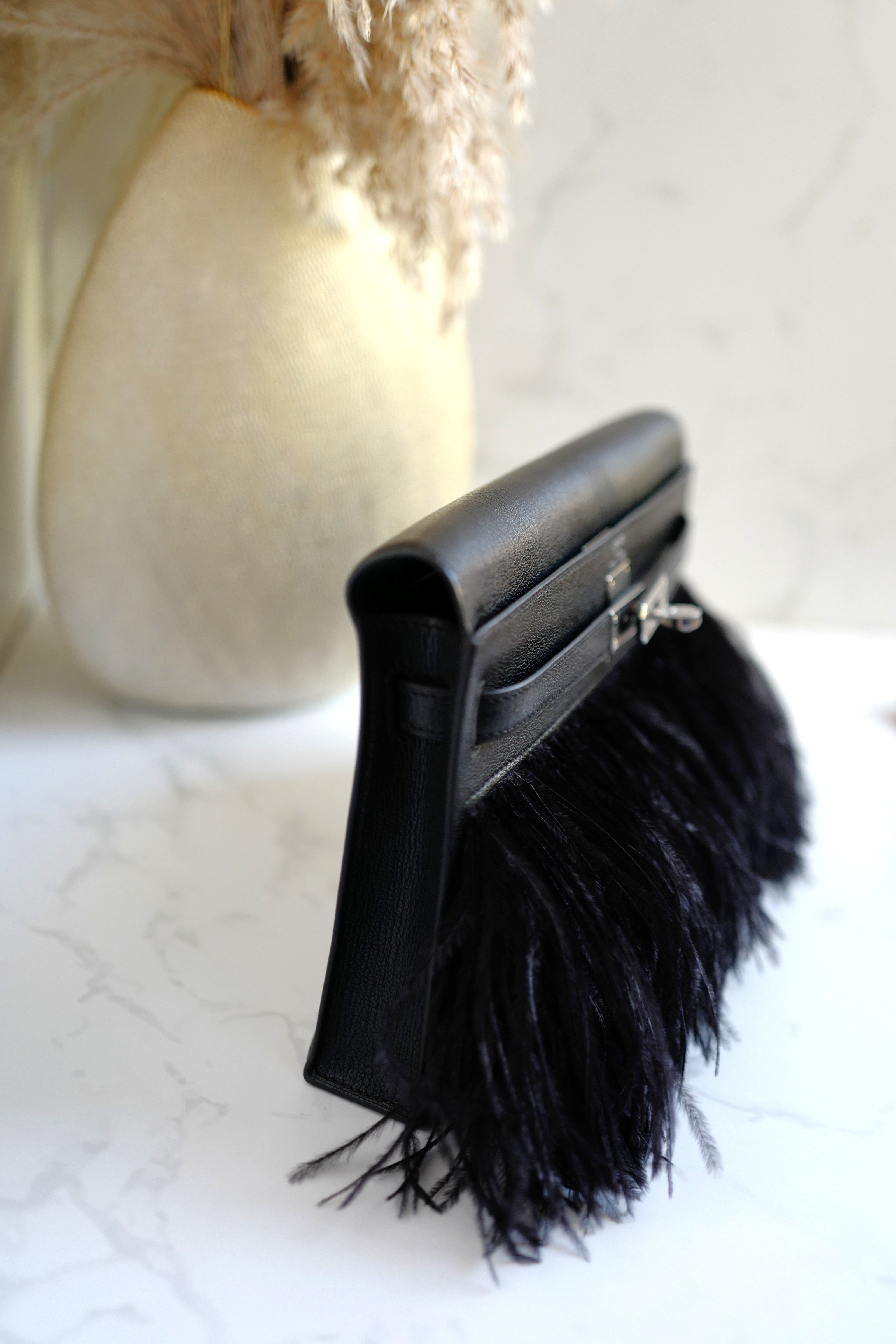 BNIB Hermes Kelly Elan Folie Black In Chevre Leather & Ostrich Feathers PHW