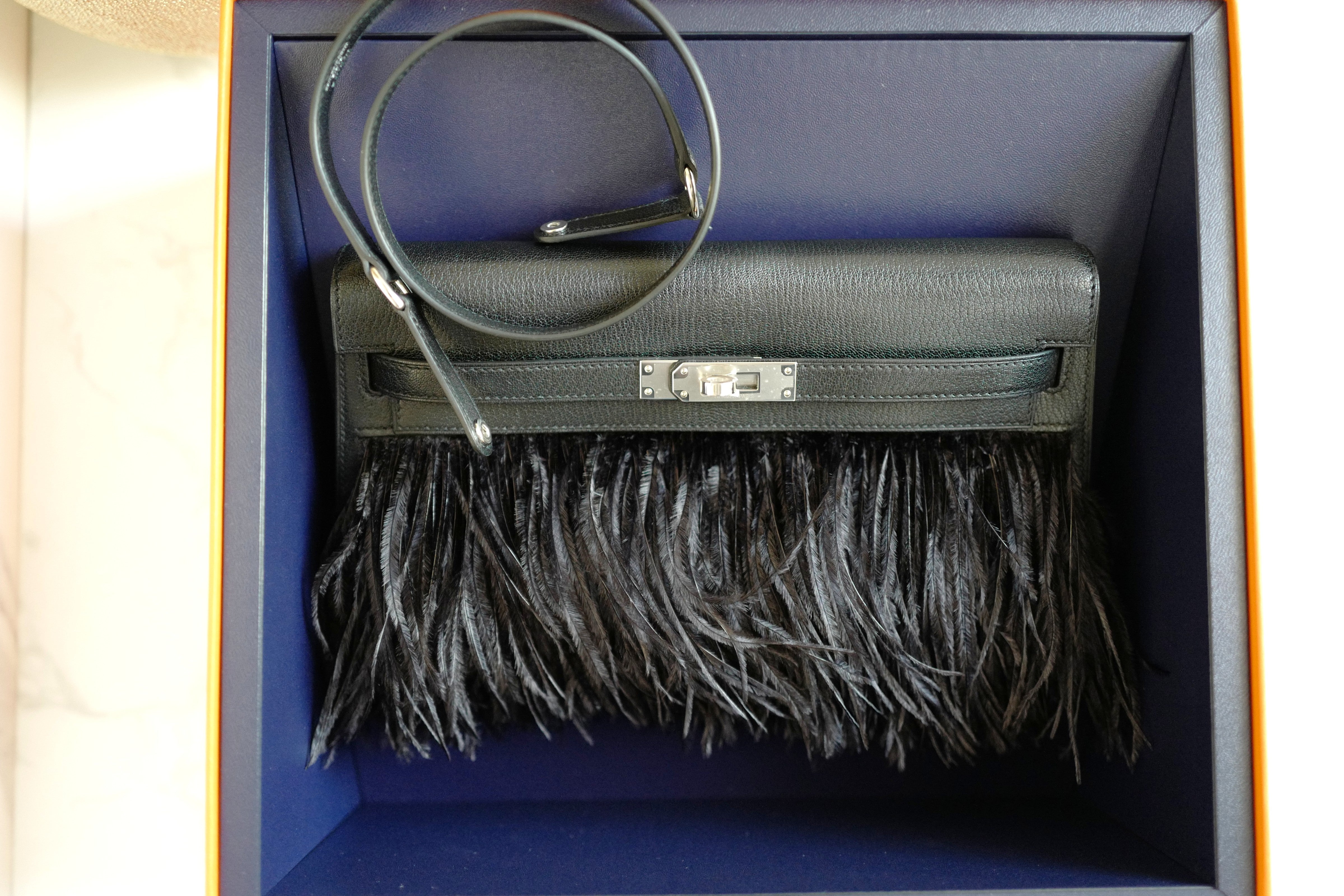 BNIB Hermes Kelly Elan Folie Black In Chevre Leather & Ostrich Feathers PHW