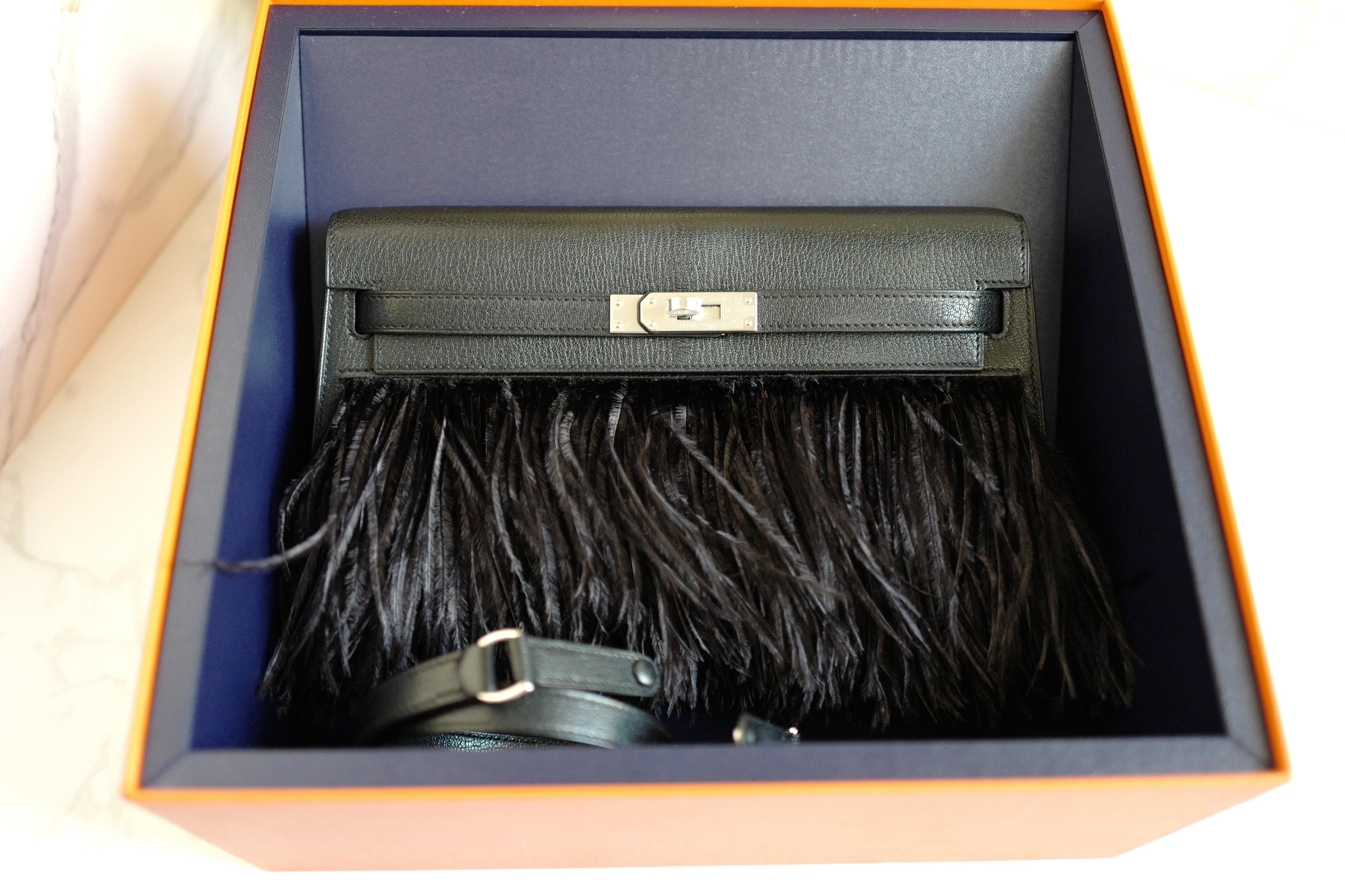 BNIB Hermes Kelly Elan Folie Black In Chevre Leather & Ostrich Feathers PHW
