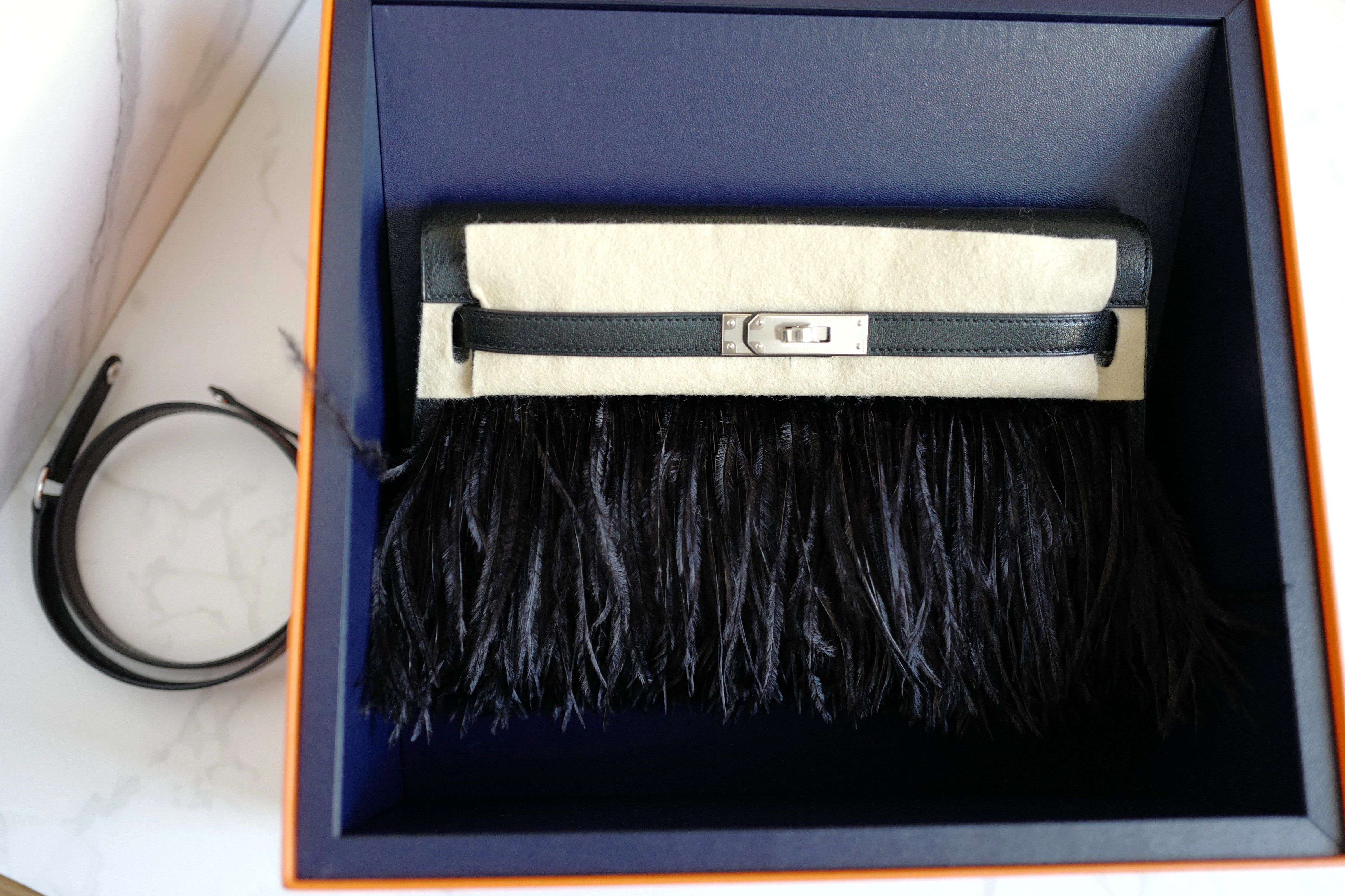 BNIB Hermes Kelly Elan Folie Black In Chevre Leather & Ostrich Feathers PHW