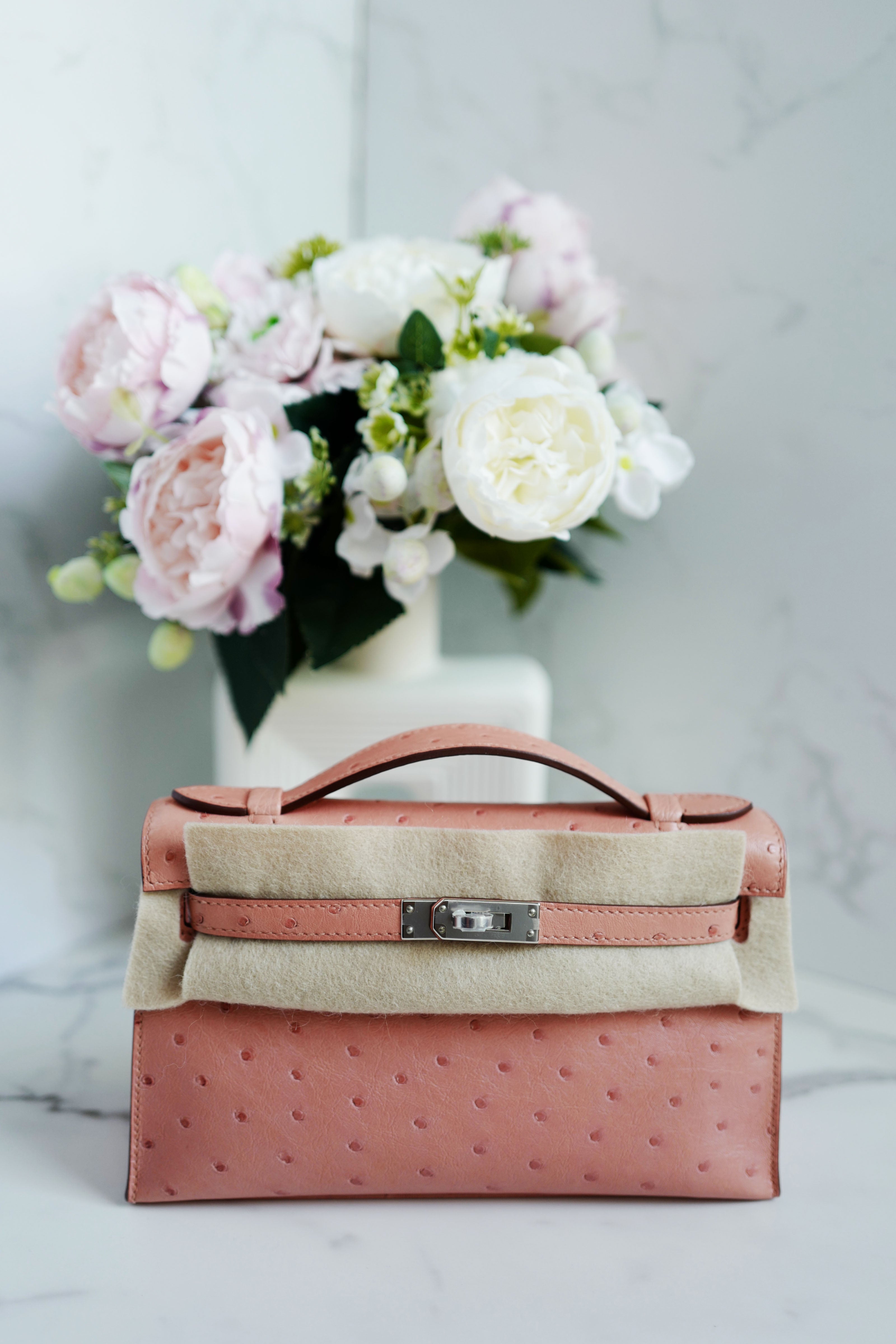 BNIB Hermès Kelly Pochette Clutch Terre Cuite Ostrich with Palladium Hardware