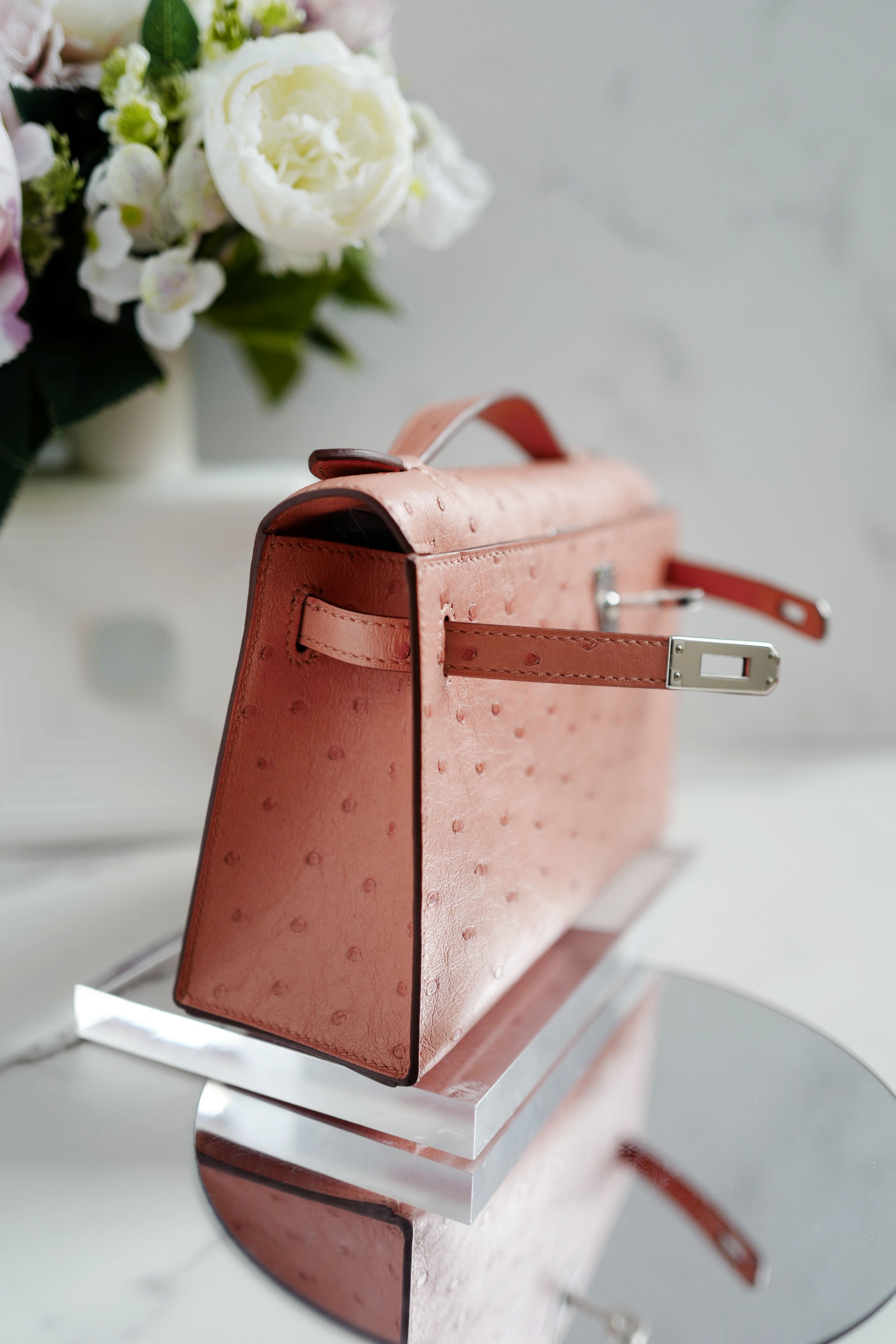 BNIB Hermès Kelly Pochette Clutch Terre Cuite Ostrich with Palladium Hardware