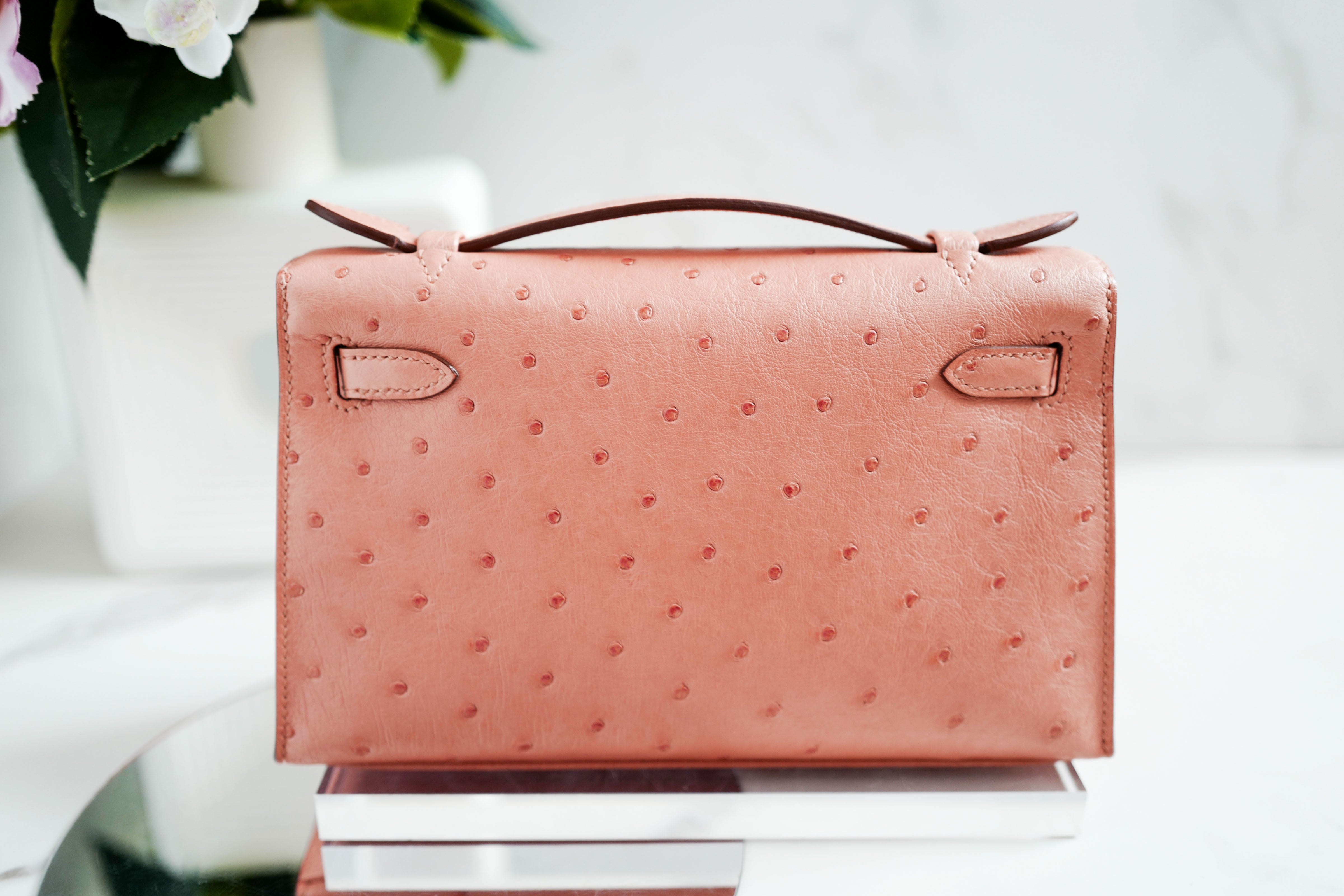 BNIB Hermès Kelly Pochette Clutch Terre Cuite Ostrich with Palladium Hardware