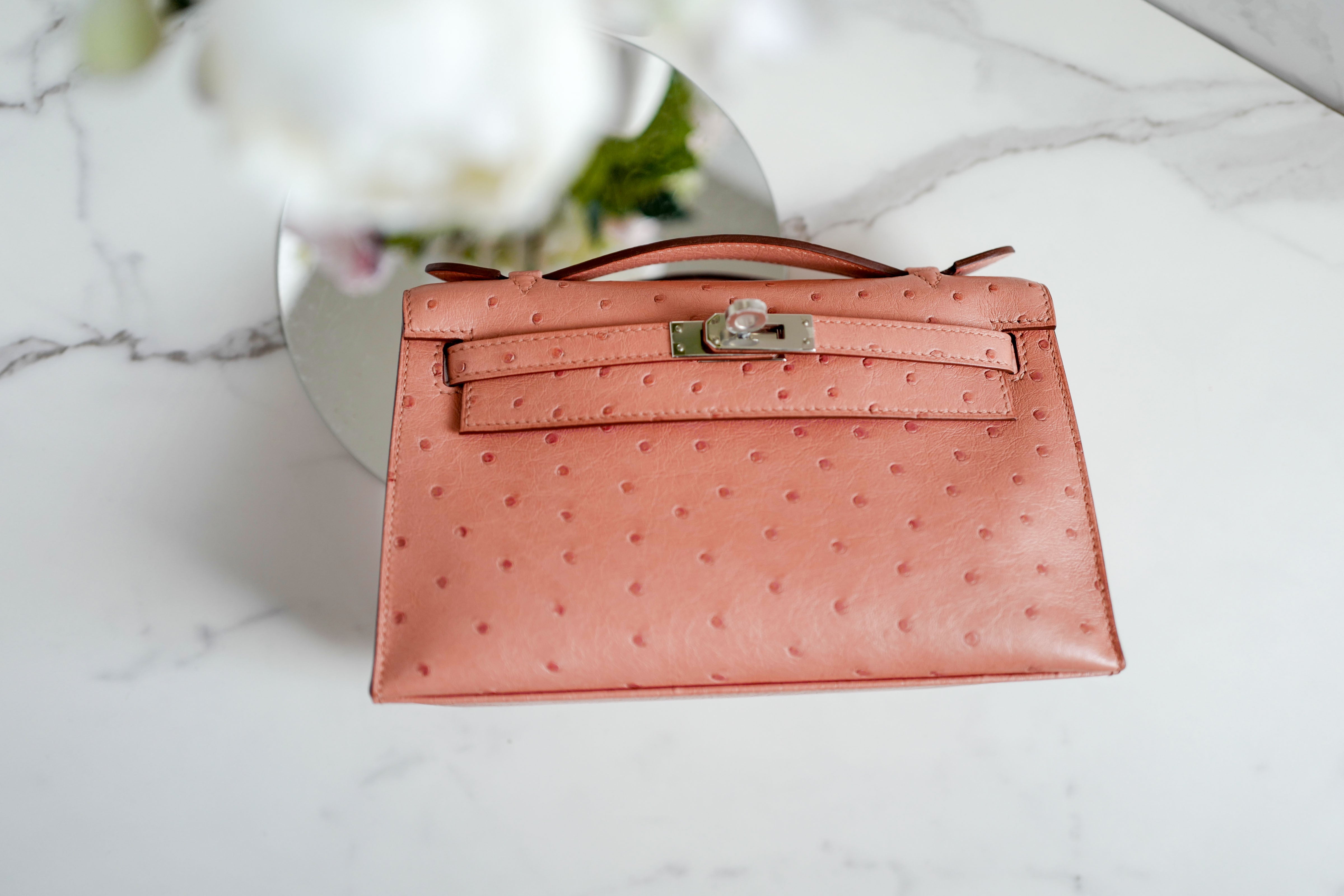BNIB Hermès Kelly Pochette Clutch Terre Cuite Ostrich with Palladium Hardware