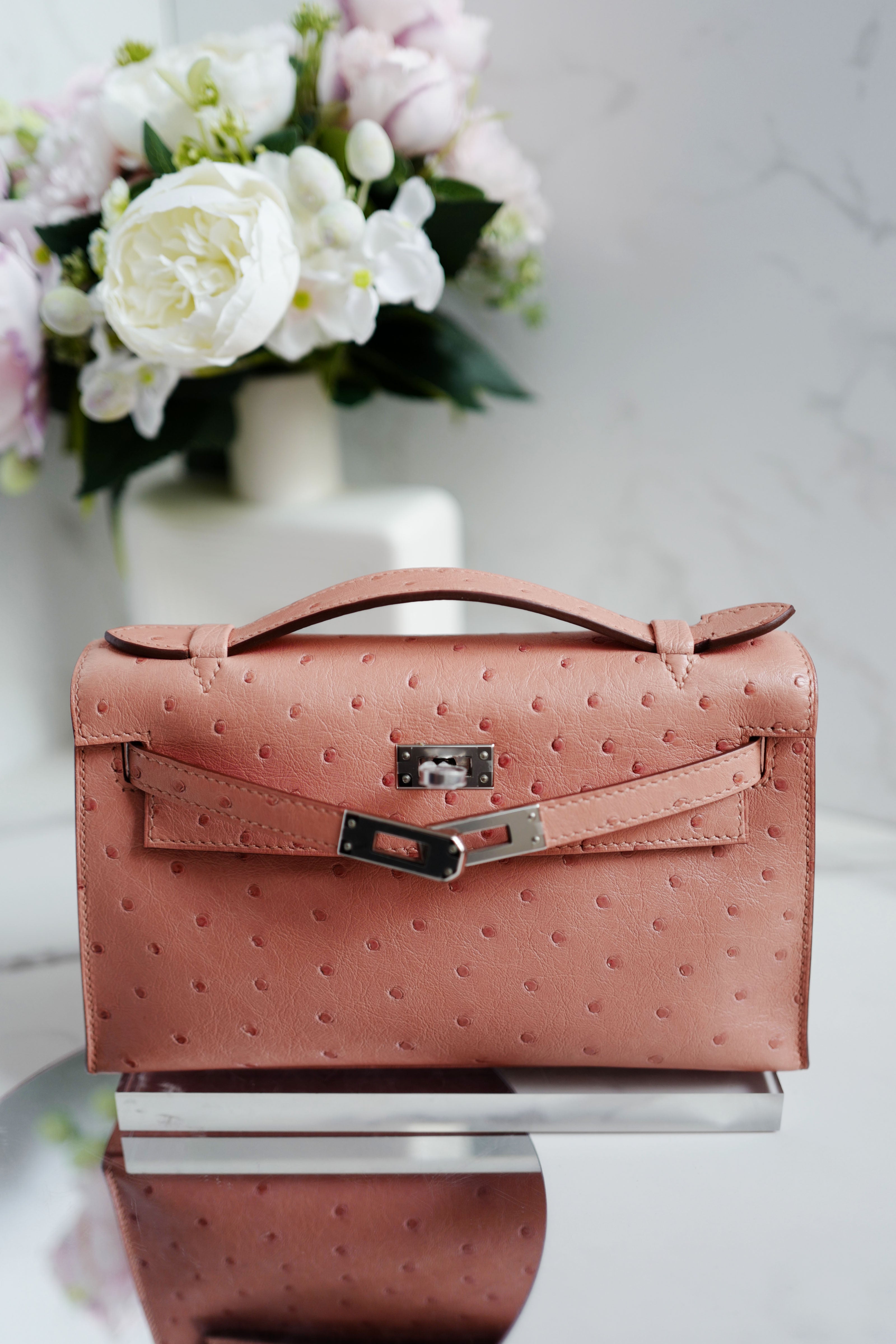 BNIB Hermès Kelly Pochette Clutch Terre Cuite Ostrich with Palladium Hardware