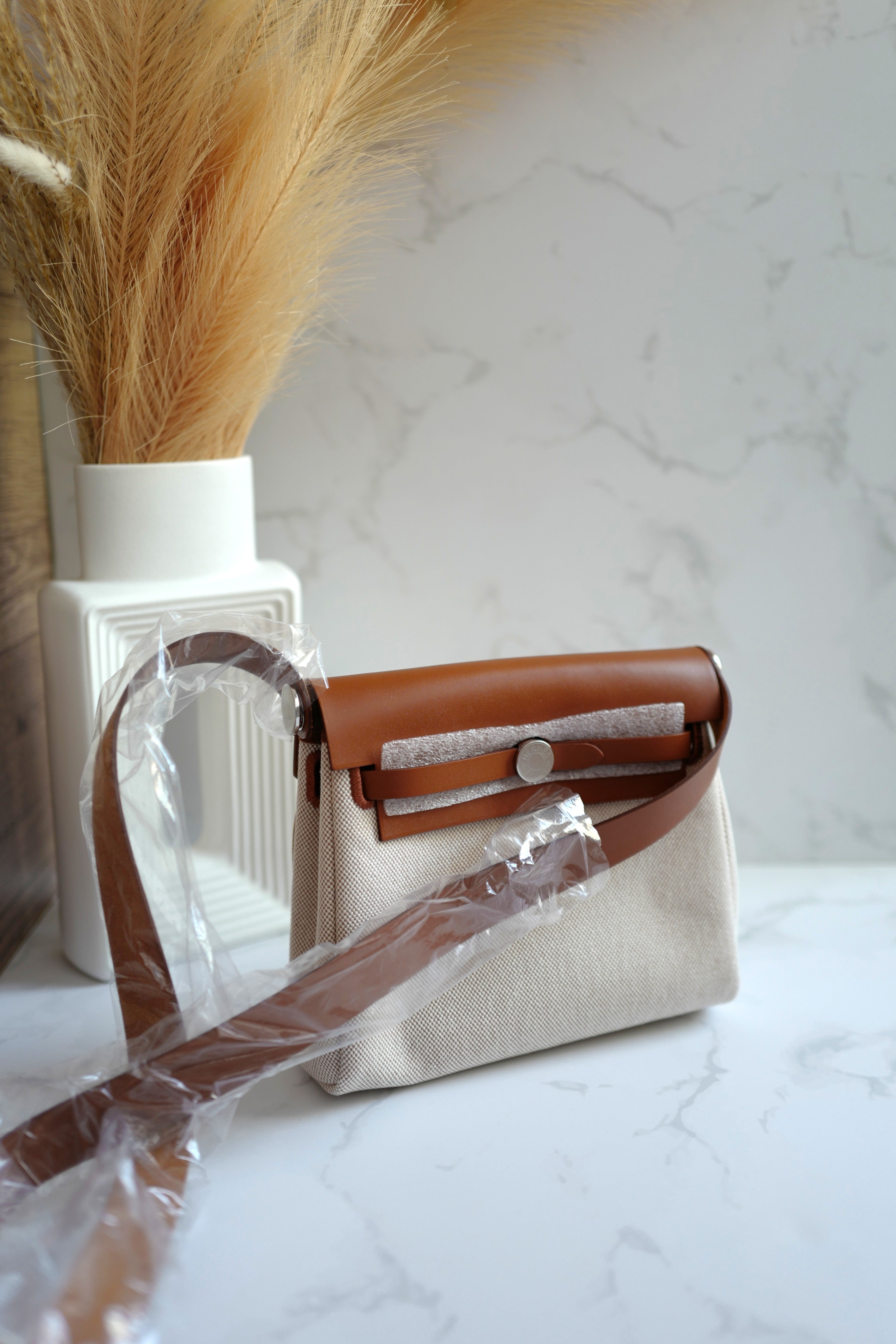 BNIB Hermes Mini Herbag Fauve/Ecru Beige with Palladium HW