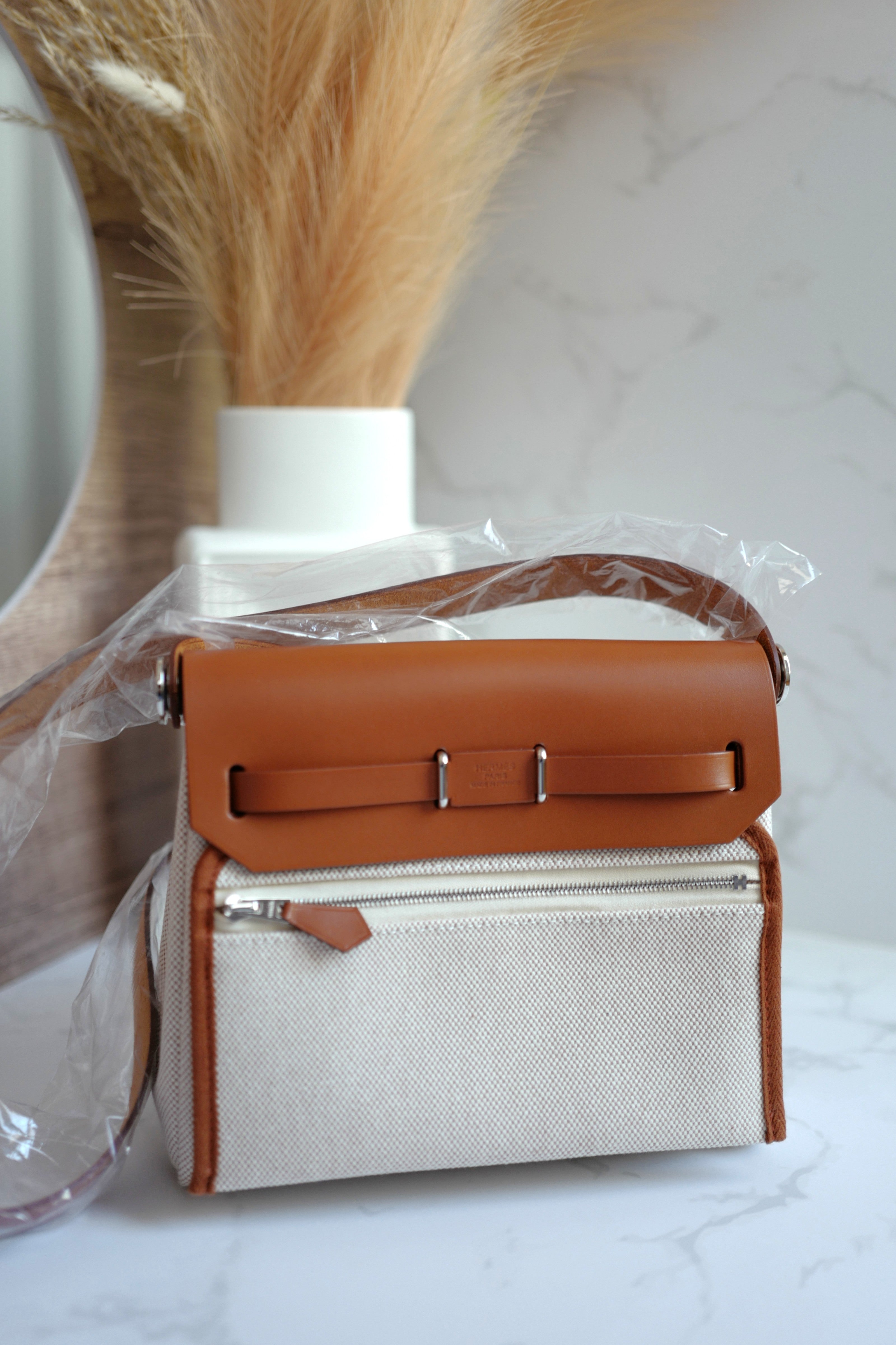 BNIB Hermes Mini Herbag Fauve/Ecru Beige with Palladium HW