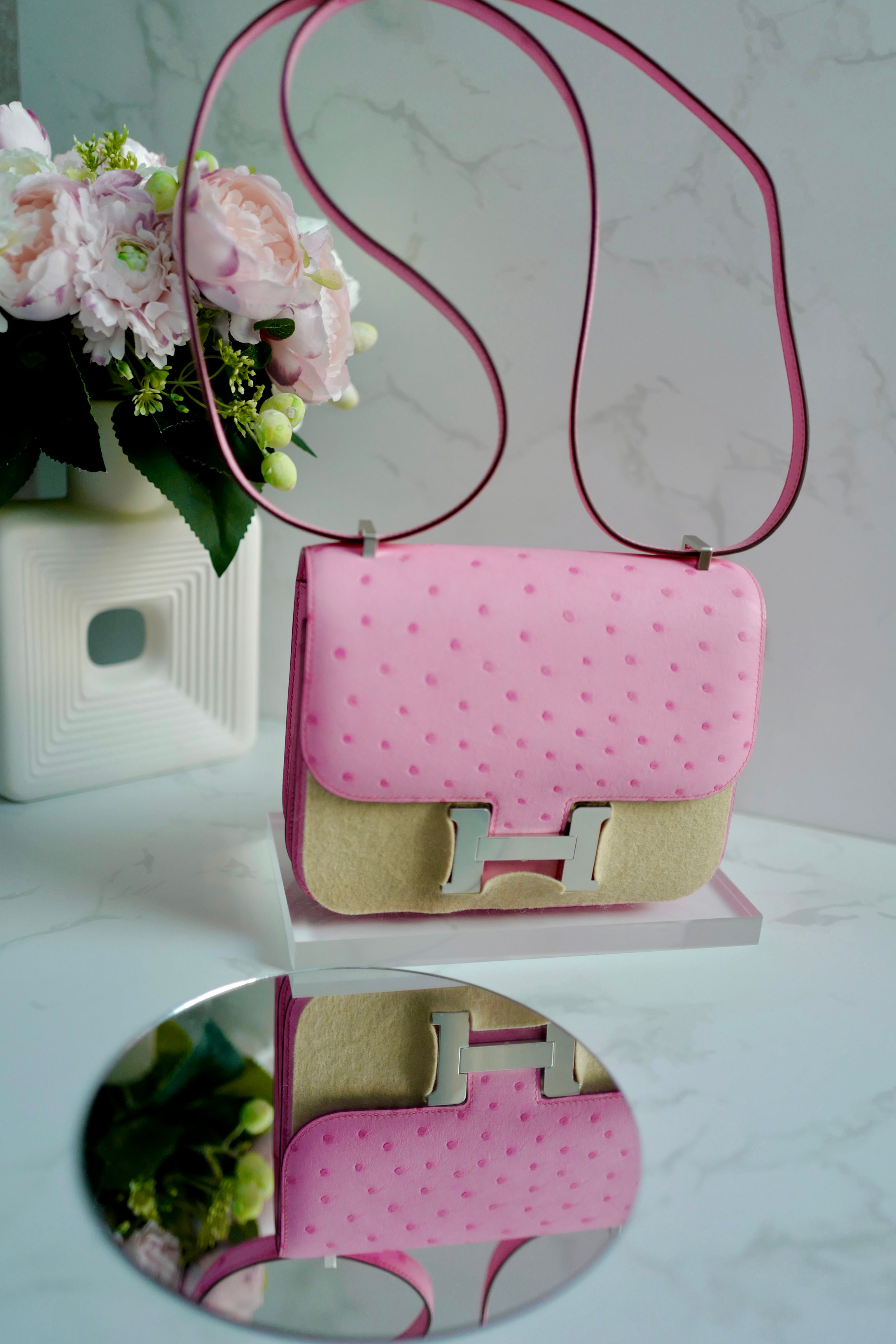 NEW Hermes Constance III Mini Mirror Ostrich Rose Bubblegum W Complete Receipt