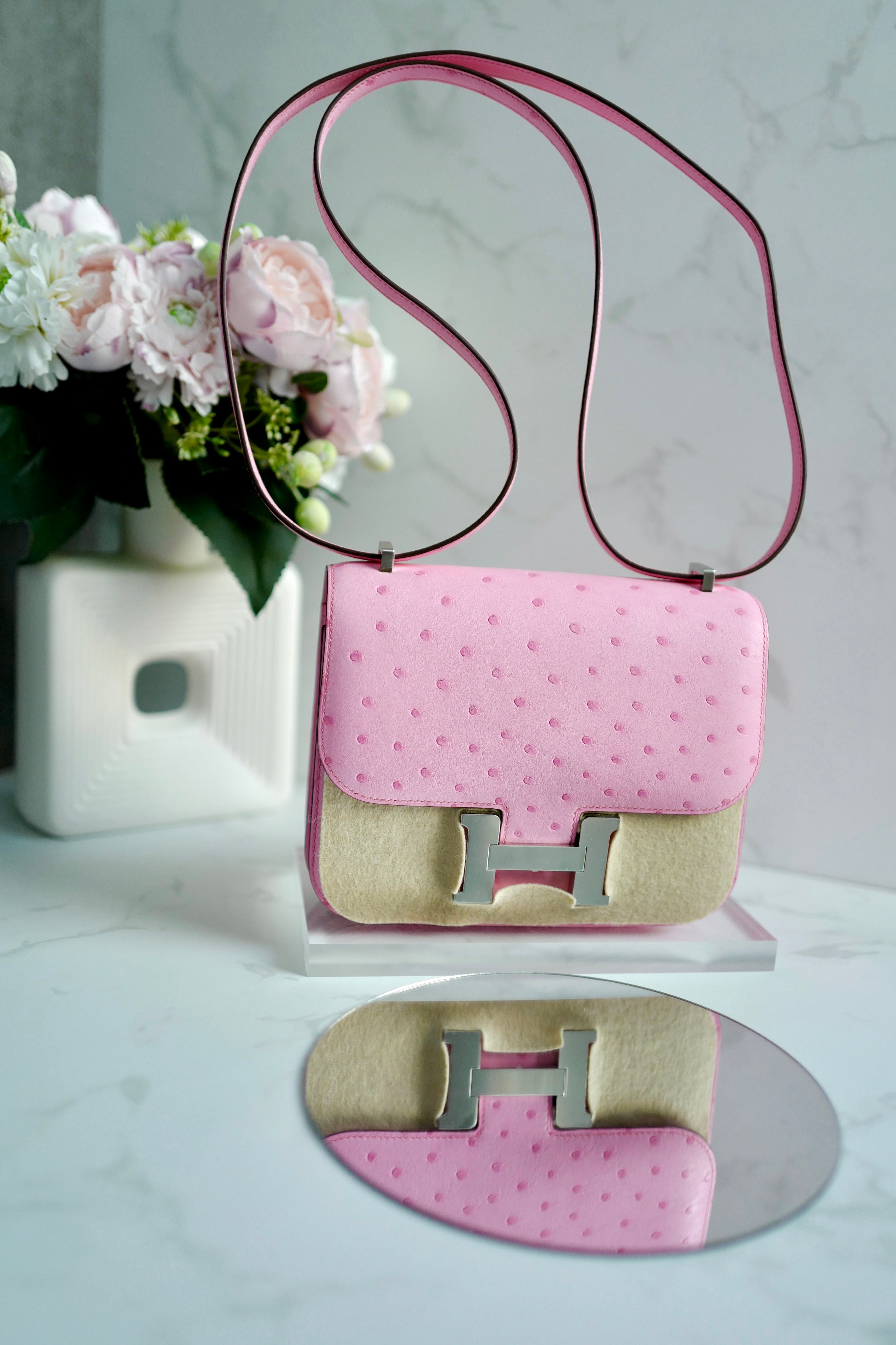 NEW Hermes Constance III Mini Mirror Ostrich Rose Bubblegum W Complete Receipt