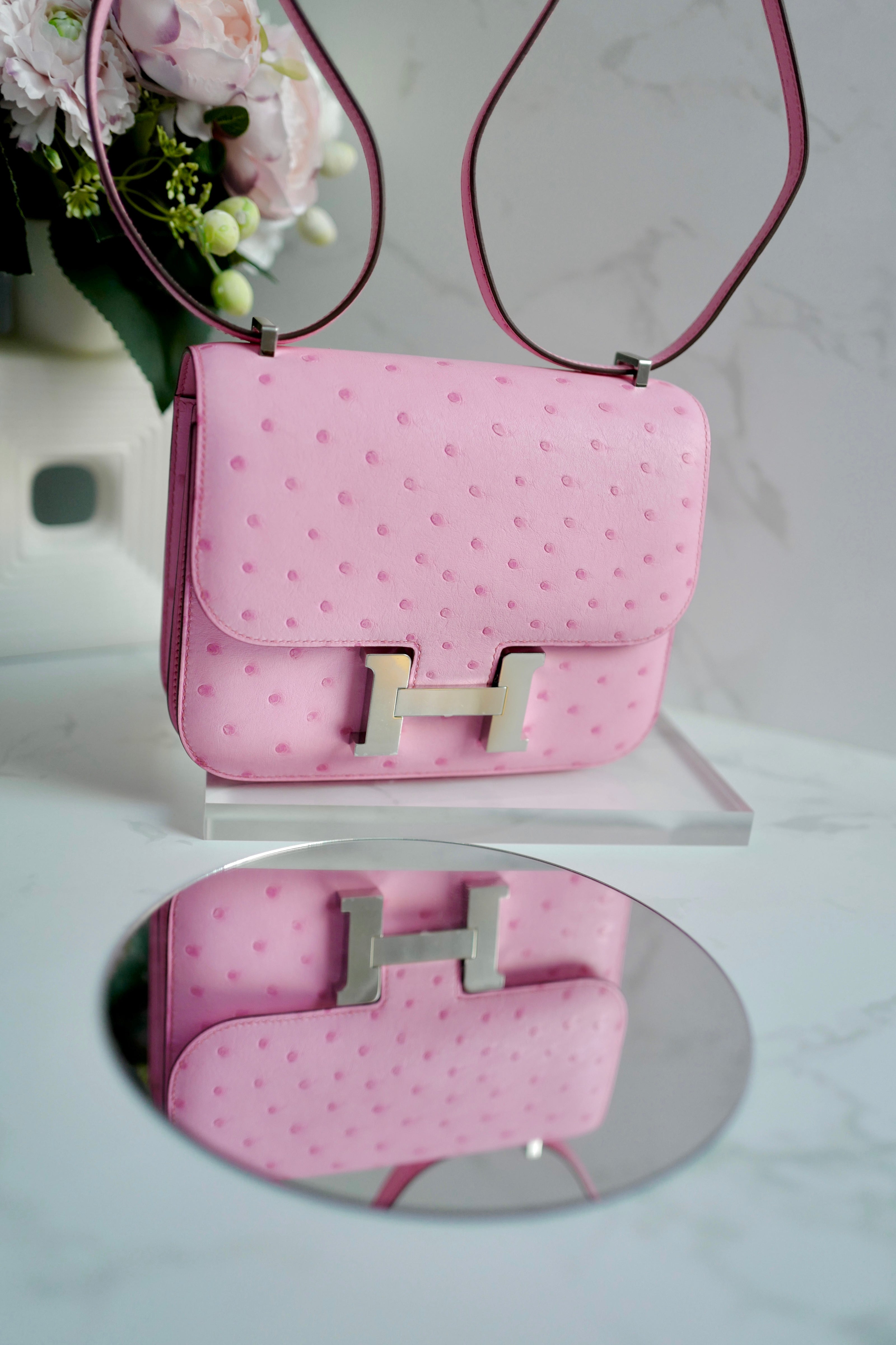 NEW Hermes Constance III Mini Mirror Ostrich Rose Bubblegum W Complete Receipt