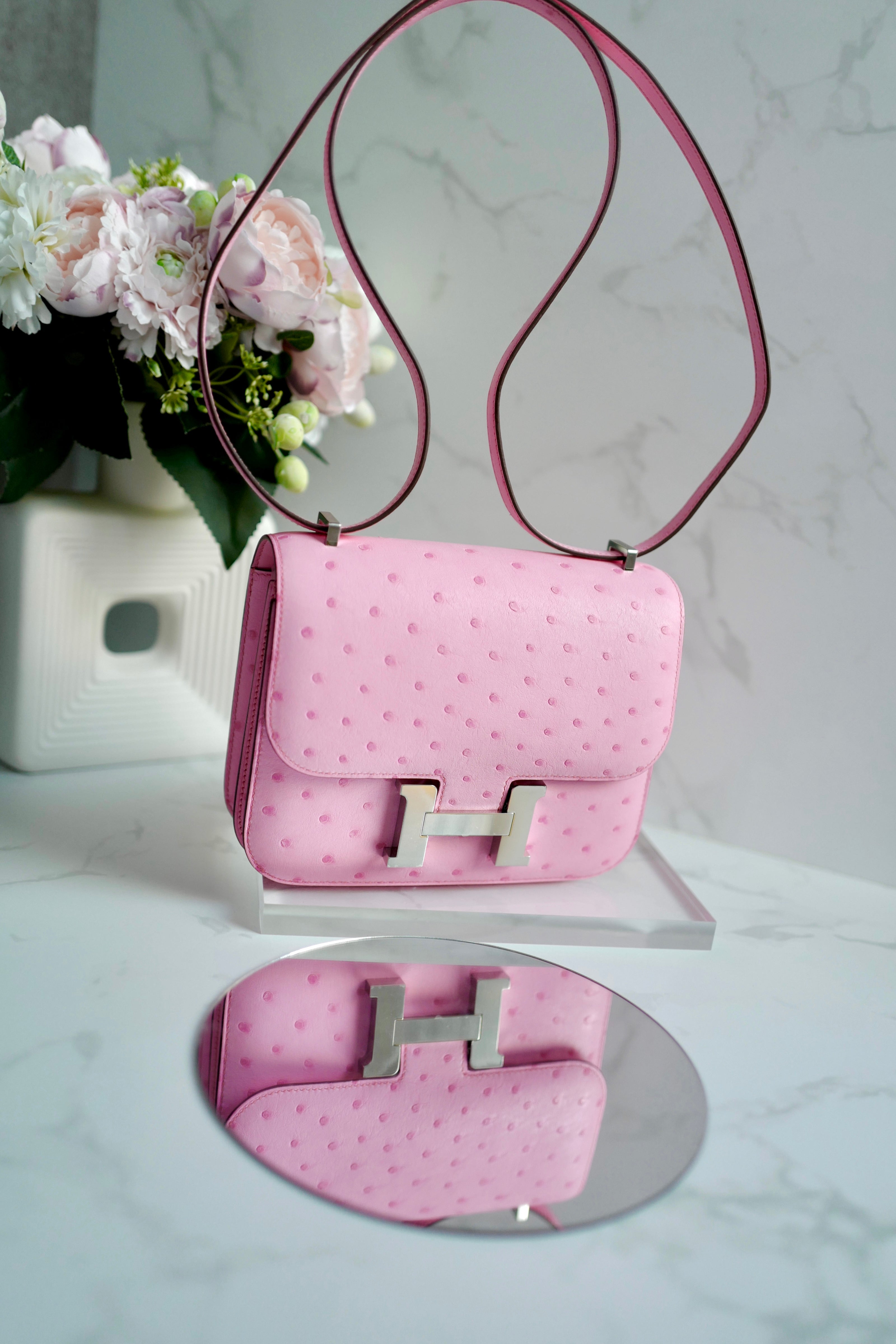 NEW Hermes Constance III Mini Mirror Ostrich Rose Bubblegum W Complete Receipt
