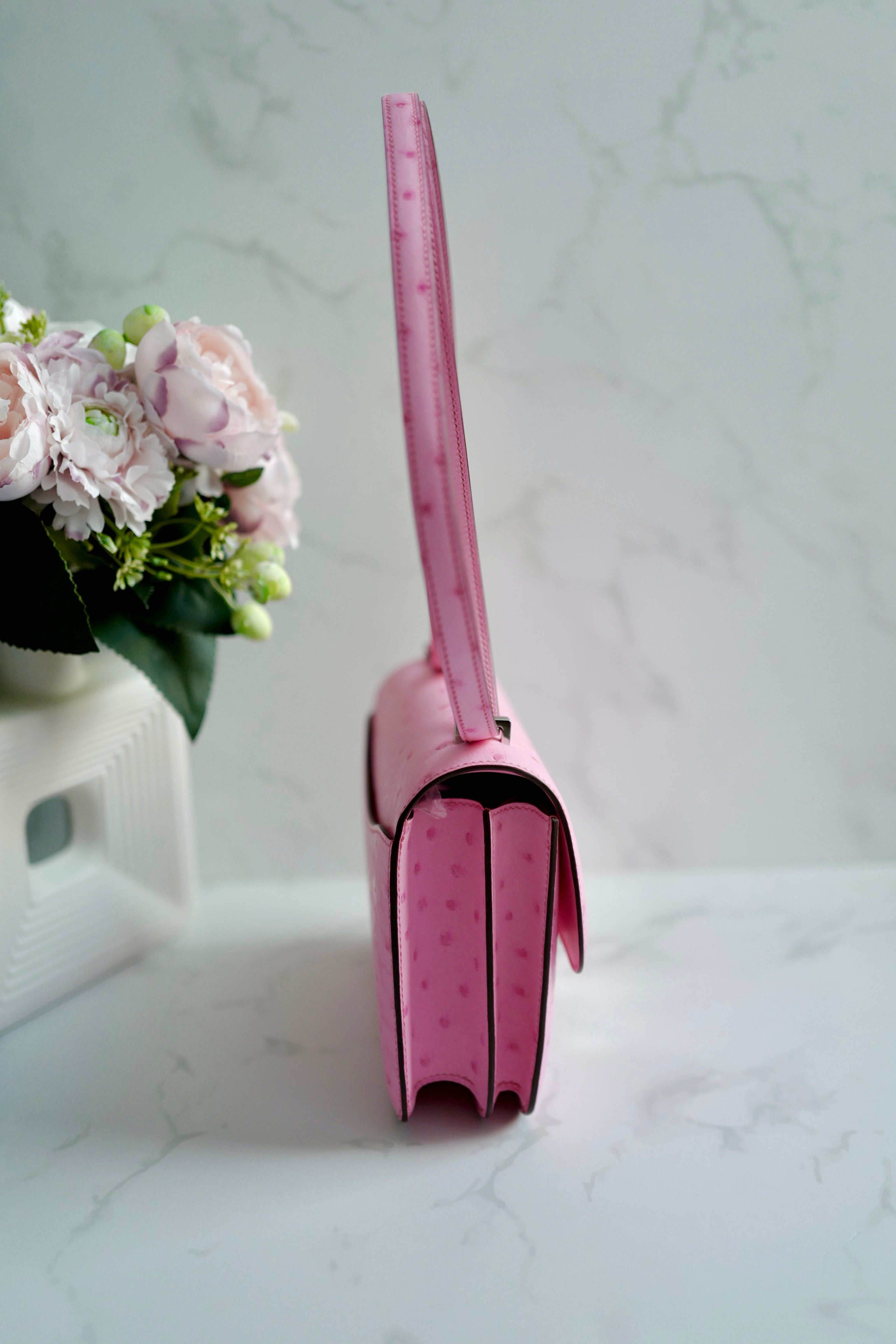 NEW Hermes Constance III Mini Mirror Ostrich Rose Bubblegum W Complete Receipt