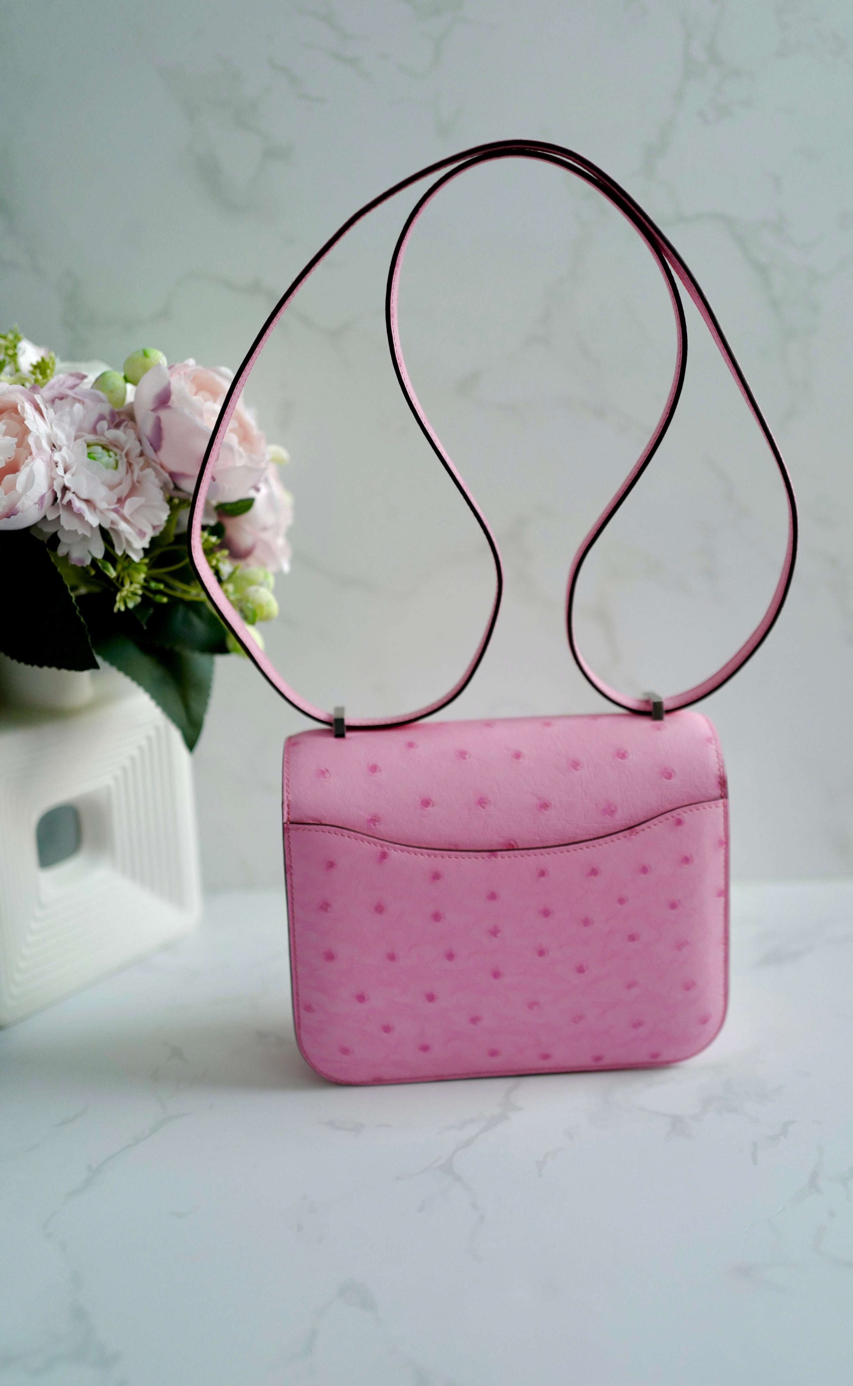 NEW Hermes Constance III Mini Mirror Ostrich Rose Bubblegum W Complete Receipt