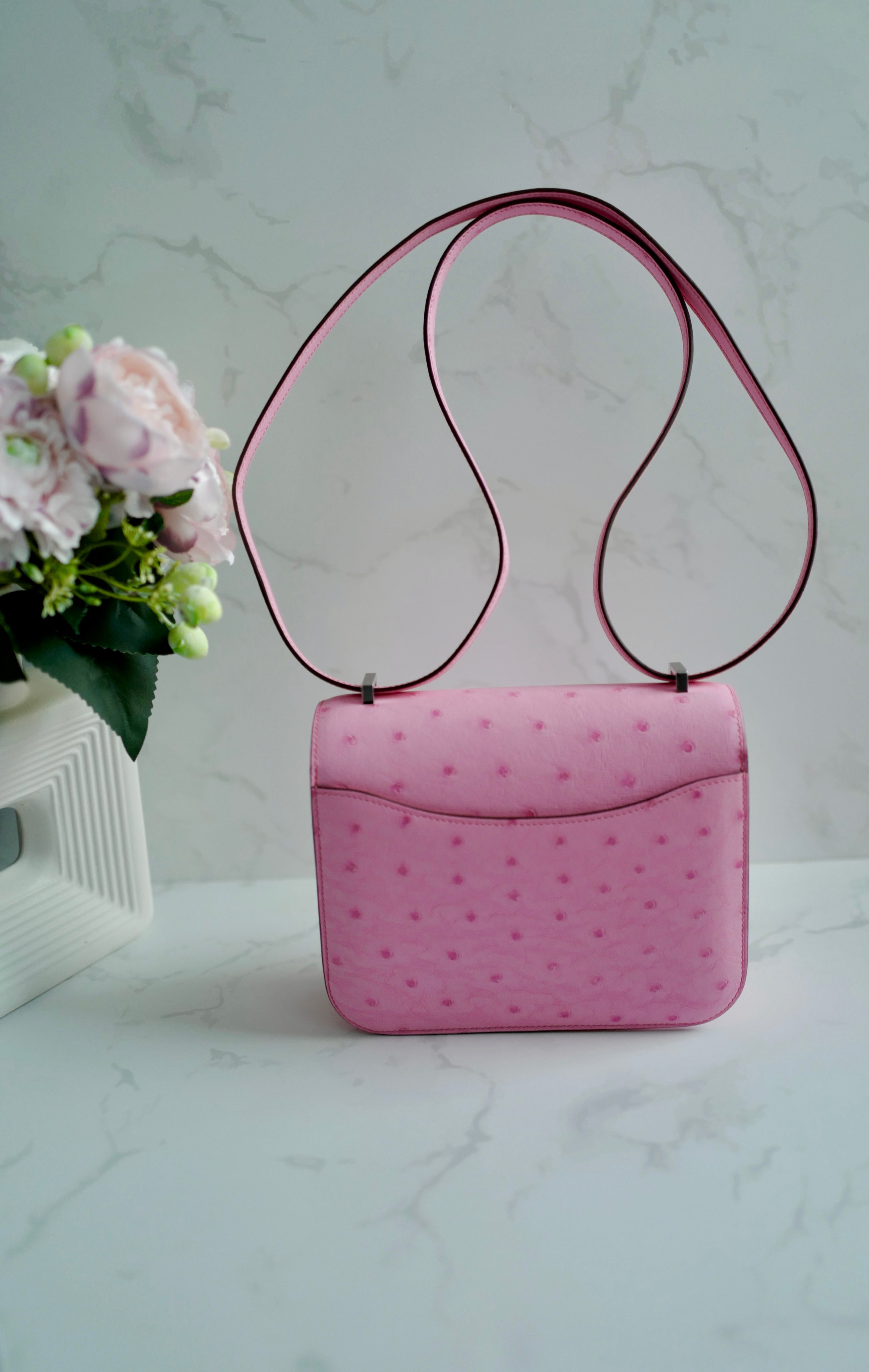 NEW Hermes Constance III Mini Mirror Ostrich Rose Bubblegum W Complete Receipt