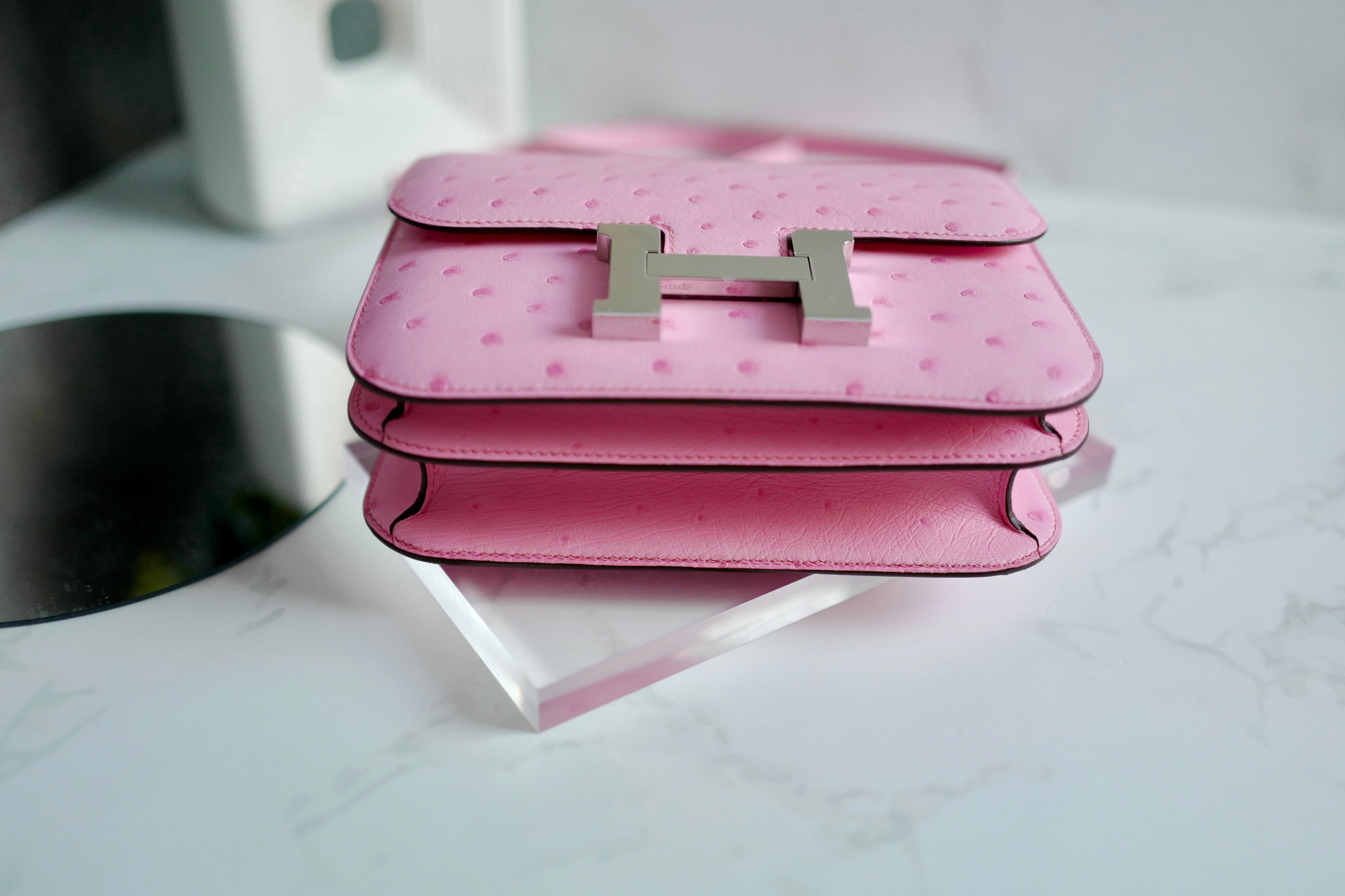 NEW Hermes Constance III Mini Mirror Ostrich Rose Bubblegum W Complete Receipt