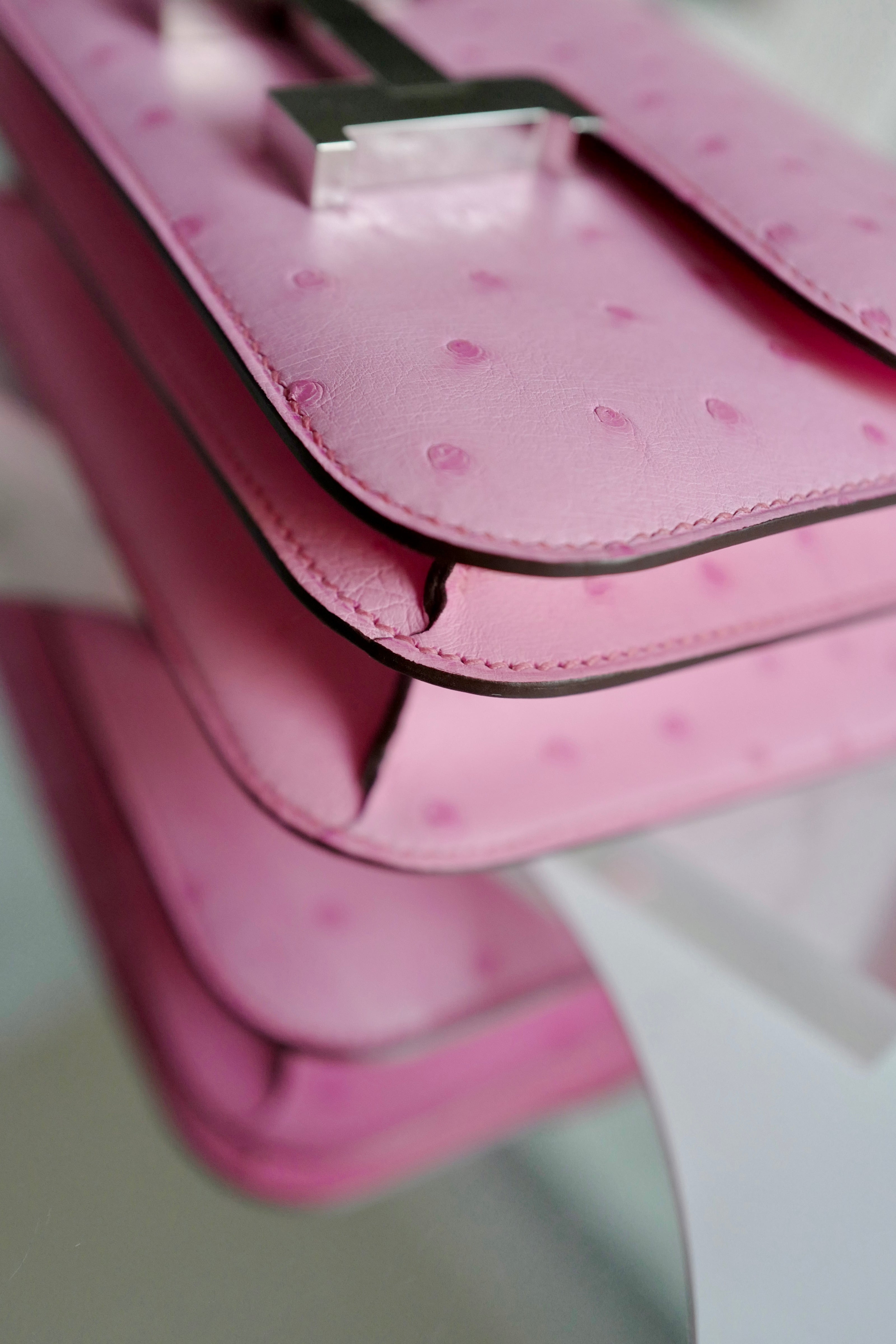 NEW Hermes Constance III Mini Mirror Ostrich Rose Bubblegum W Complete Receipt