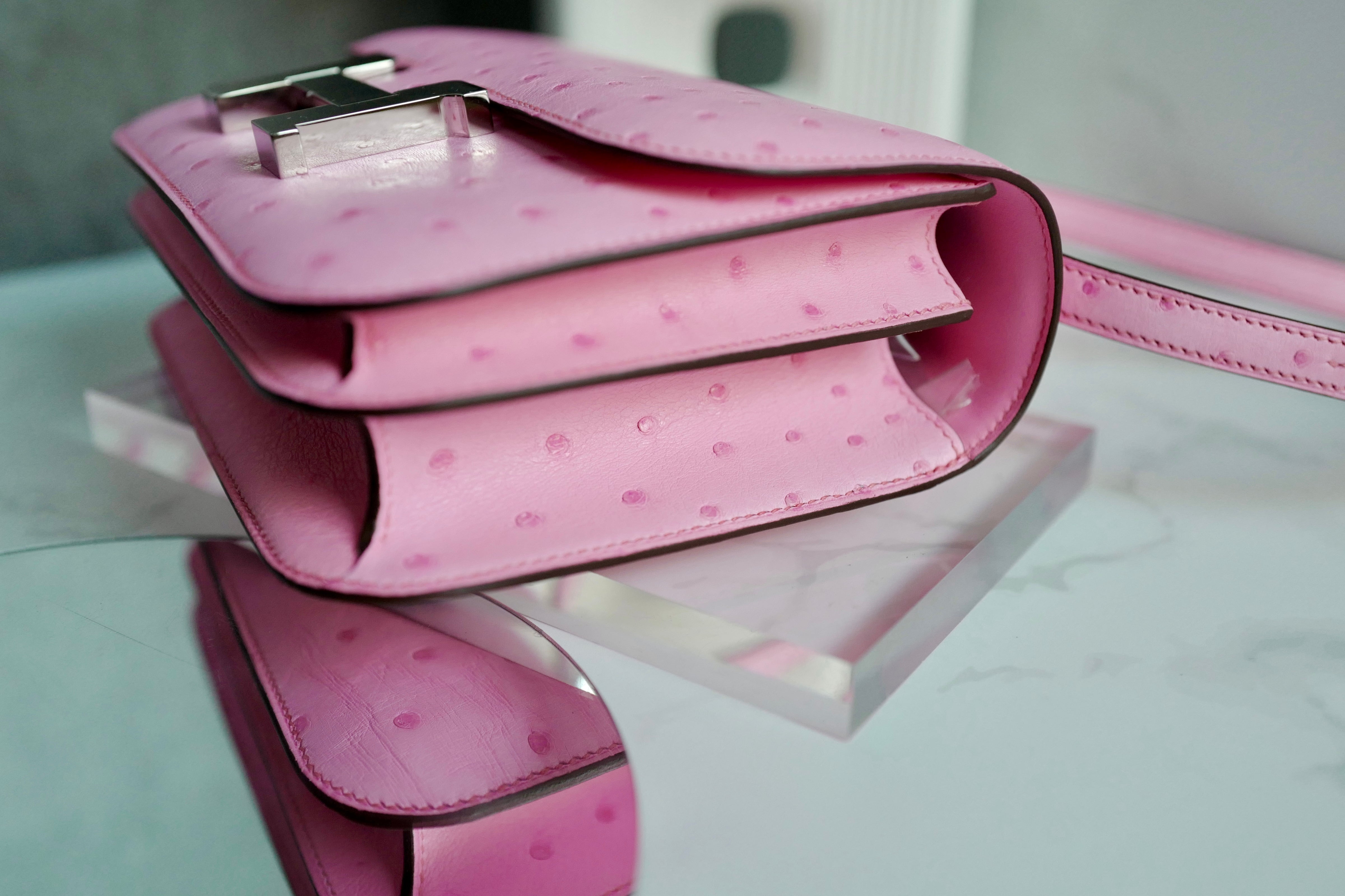 NEW Hermes Constance III Mini Mirror Ostrich Rose Bubblegum W Complete Receipt