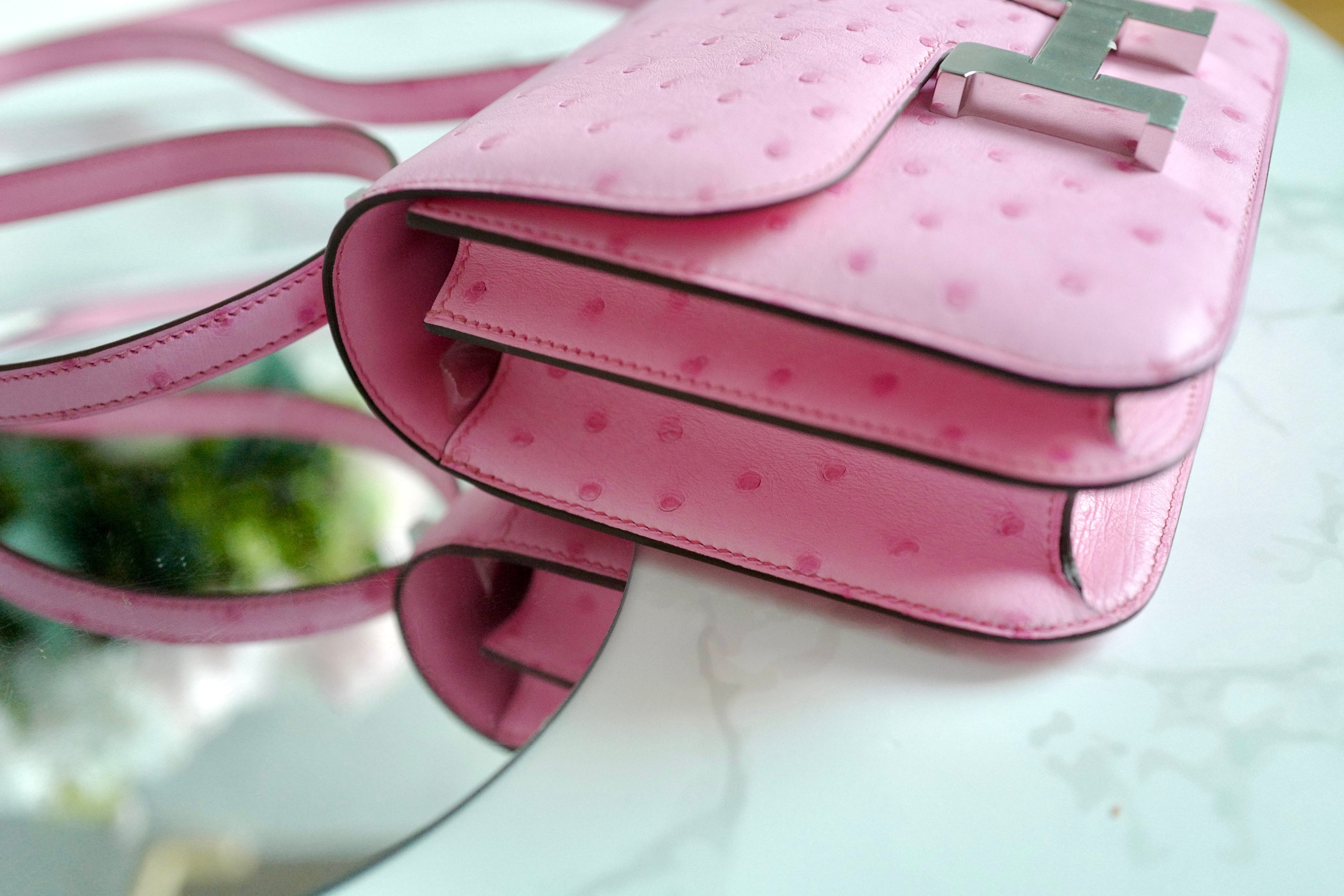 NEW Hermes Constance III Mini Mirror Ostrich Rose Bubblegum W Complete Receipt