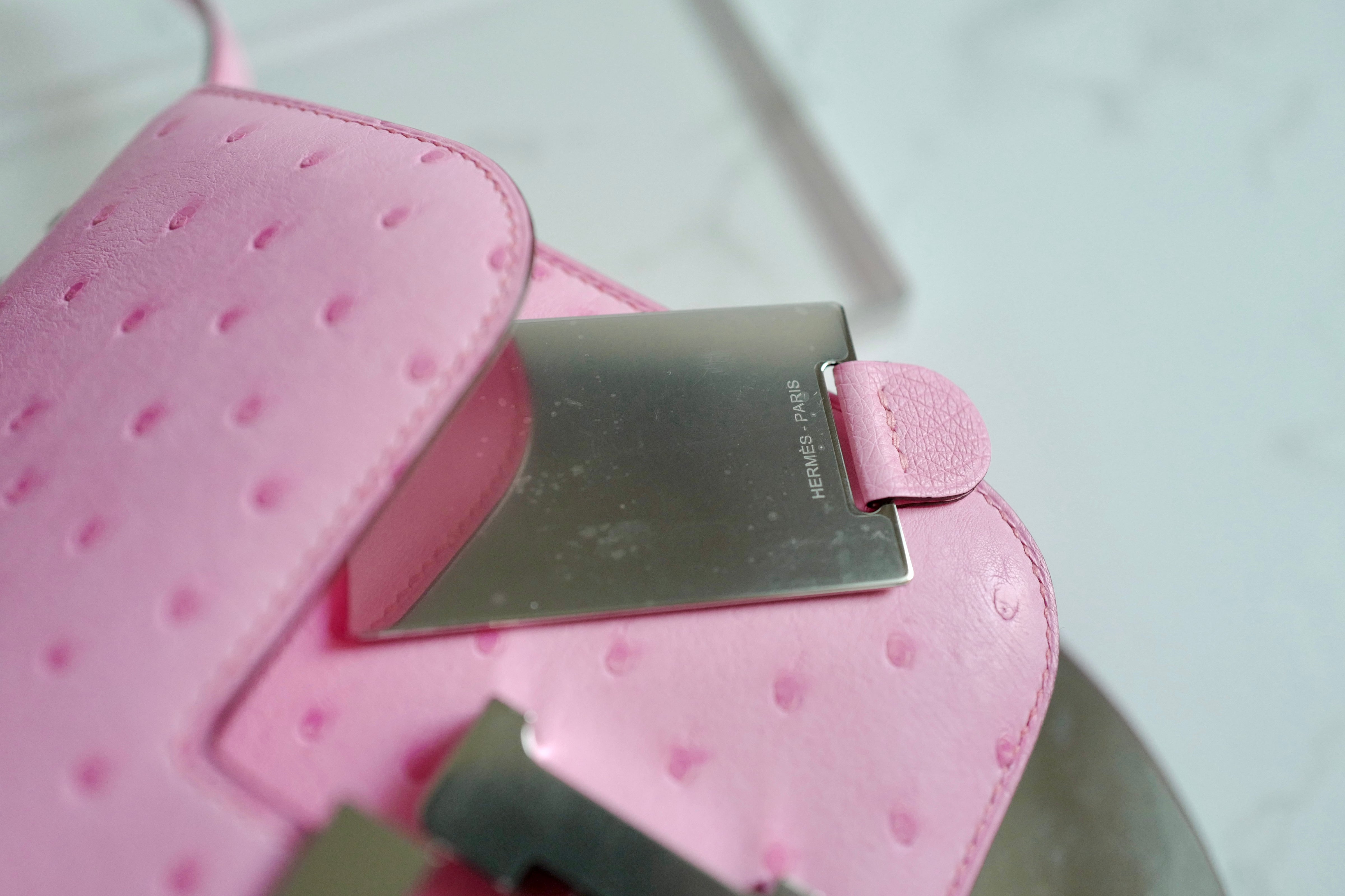 NEW Hermes Constance III Mini Mirror Ostrich Rose Bubblegum W Complete Receipt