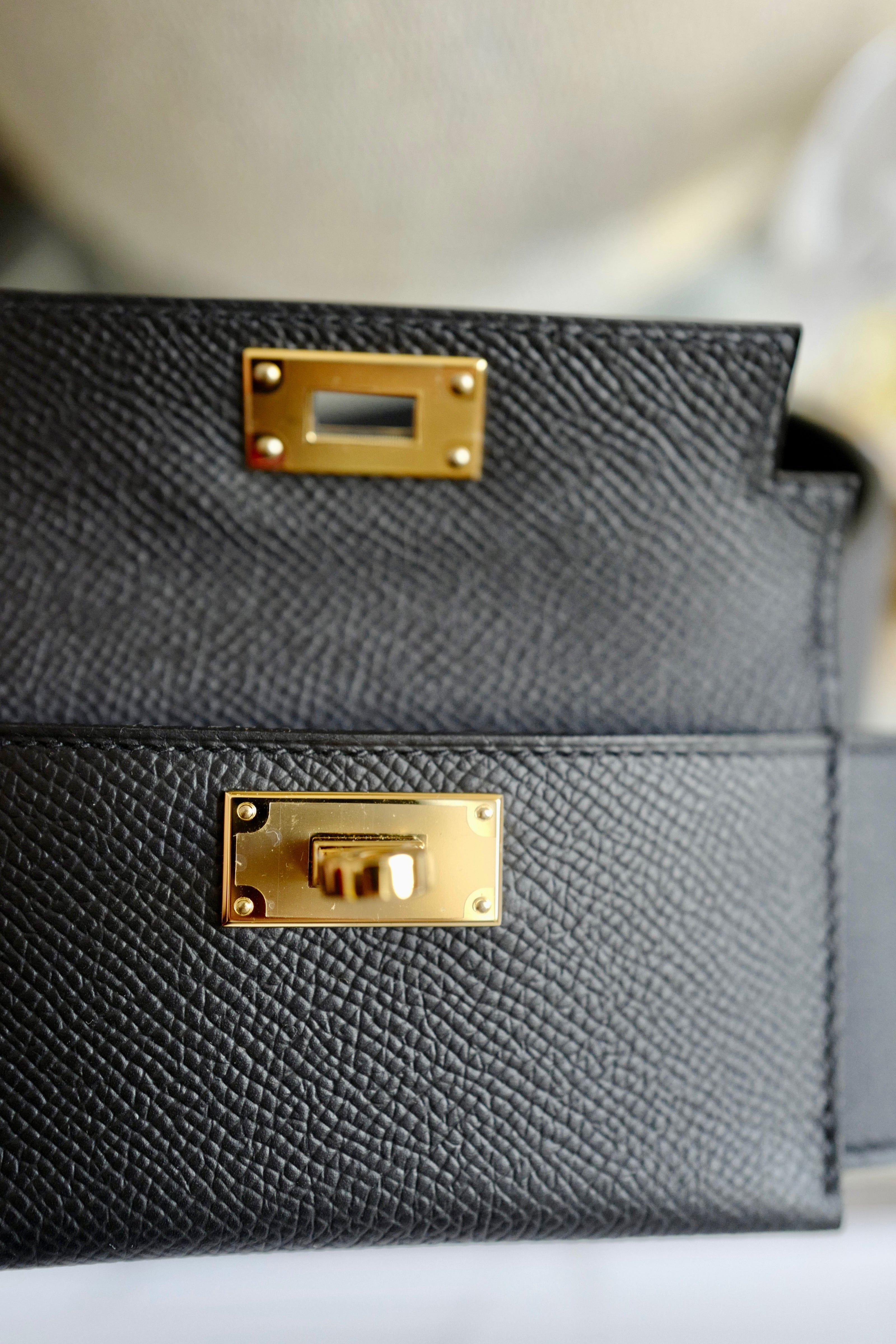 BNIB Hermes Kelly Pocket Shoulder Strap Swift Calfskin / Epsom Noir Gold HW 105