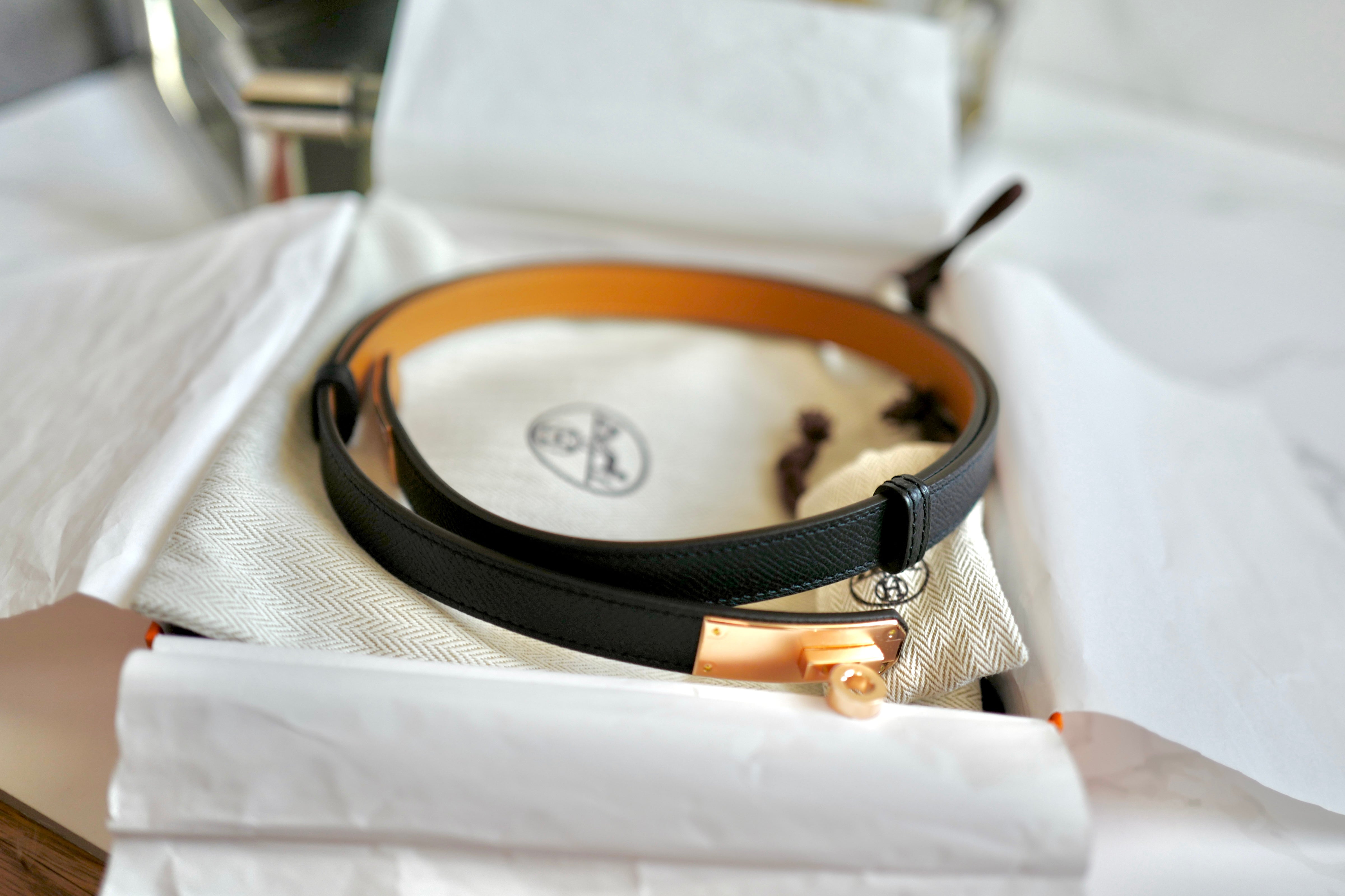 NEW Hermes Kelly Belt 18 Epsom Calfskin Black Rose Gold HW