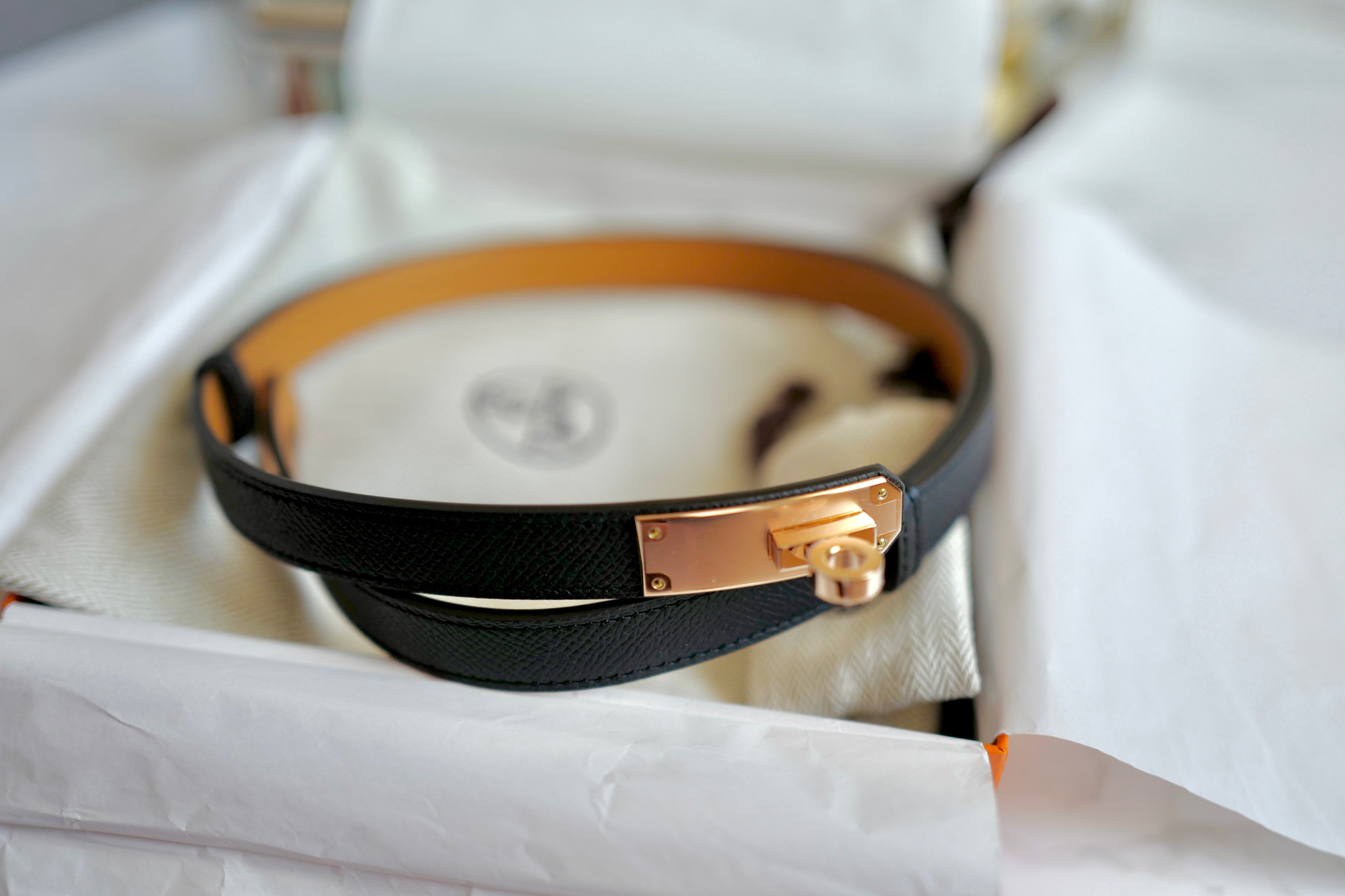 NEW Hermes Kelly Belt 18 Epsom Calfskin Black Rose Gold HW