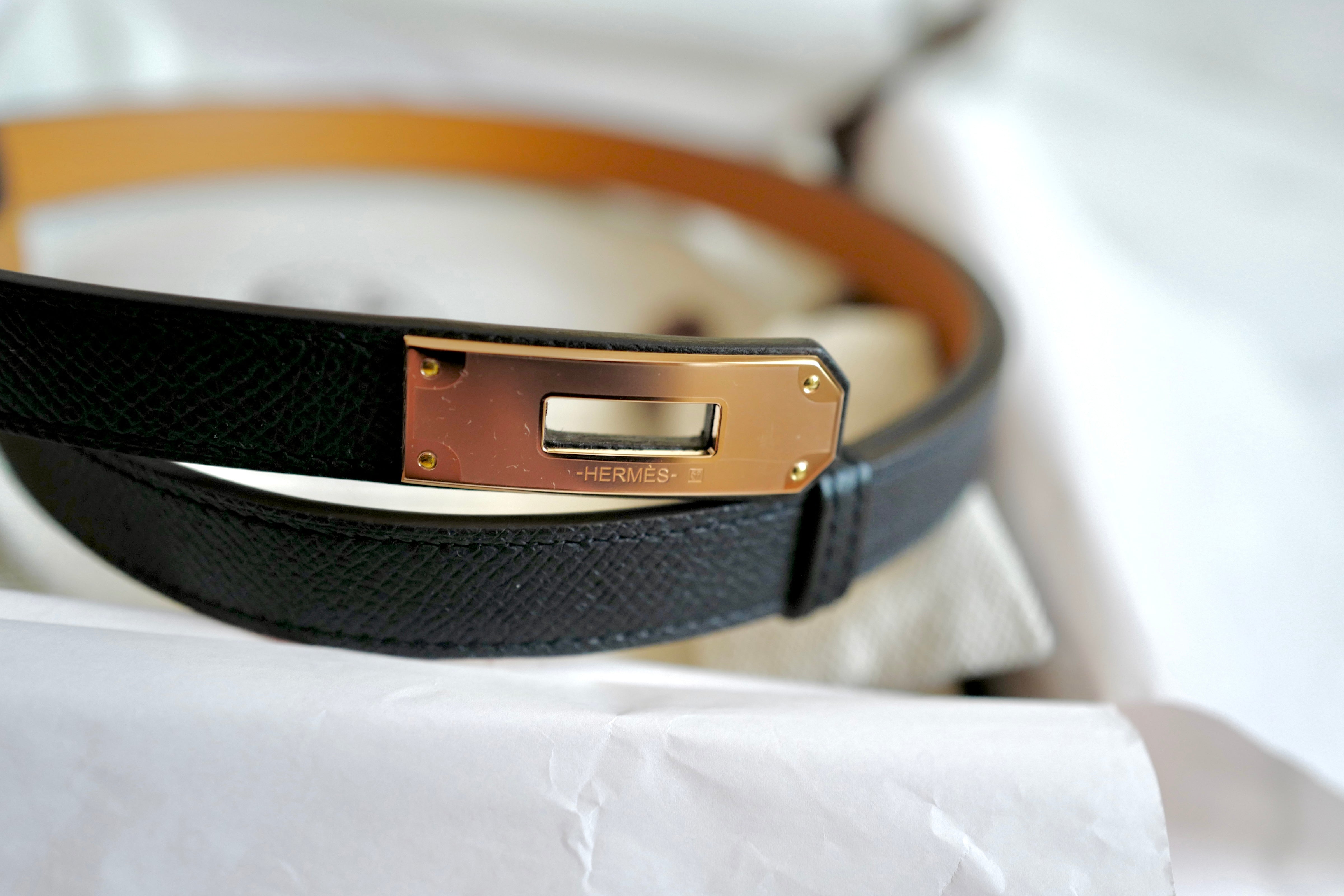 NEW Hermes Kelly Belt 18 Epsom Calfskin Black Rose Gold HW