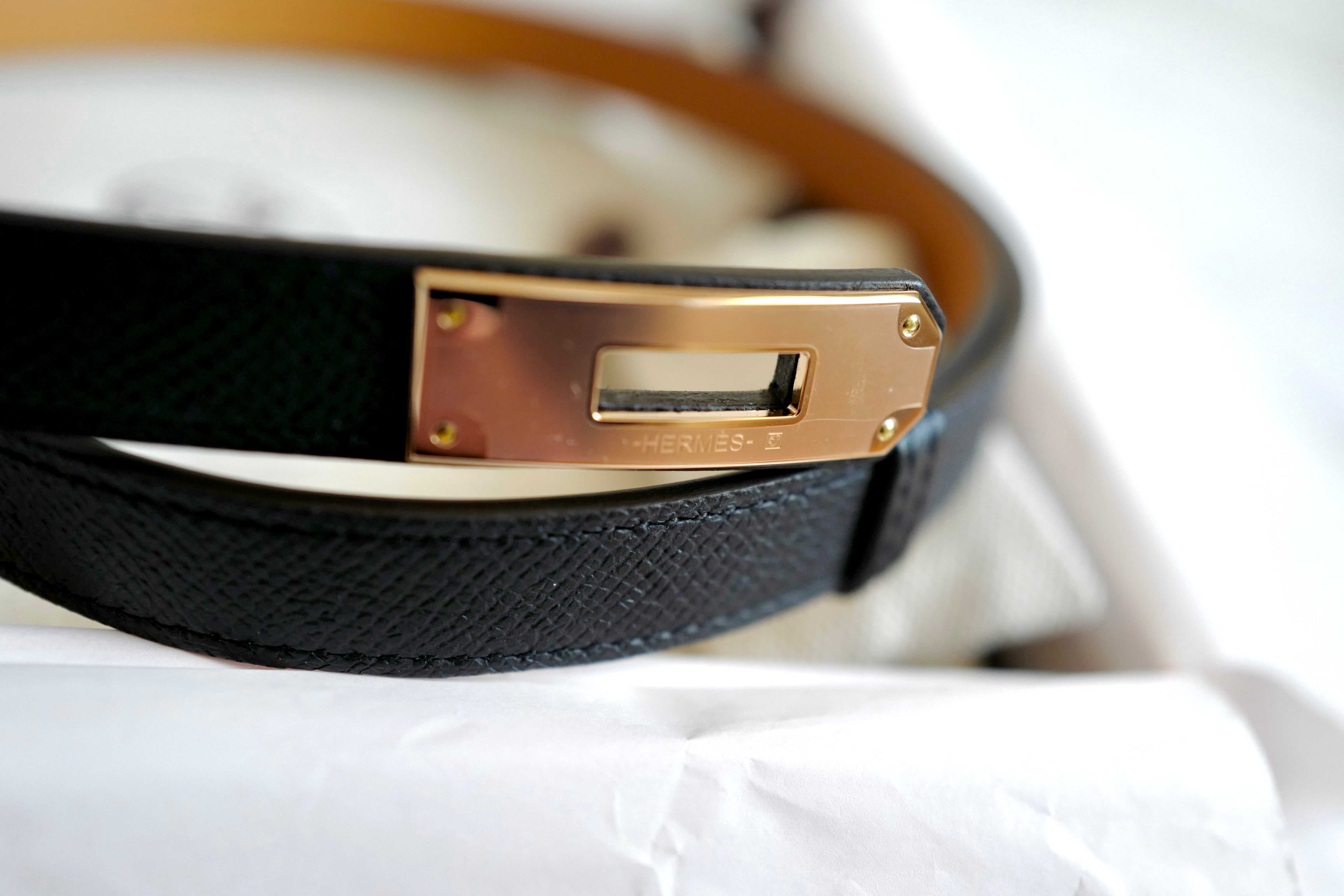NEW Hermes Kelly Belt 18 Epsom Calfskin Black Rose Gold HW