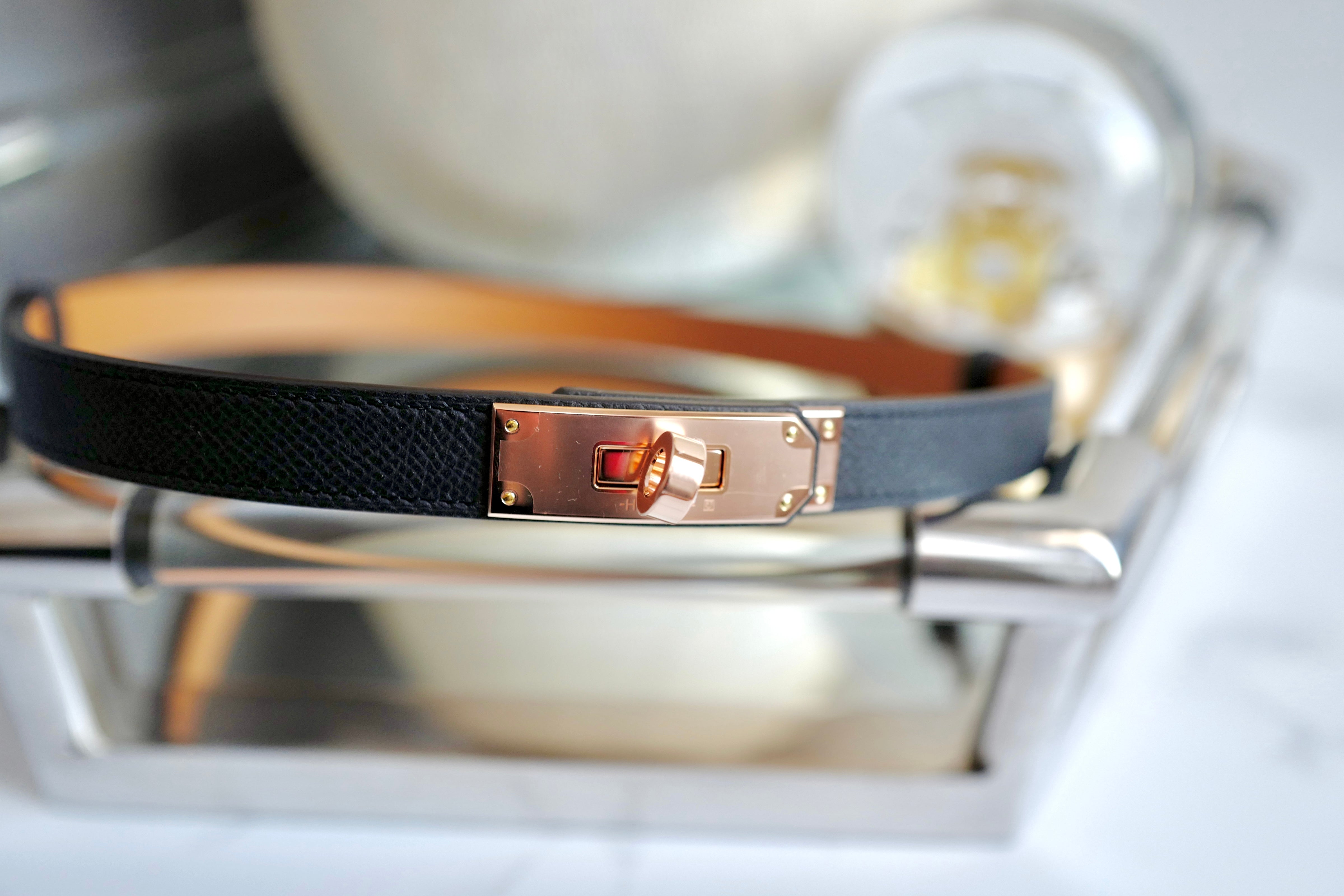NEW Hermes Kelly Belt 18 Epsom Calfskin Black Rose Gold HW