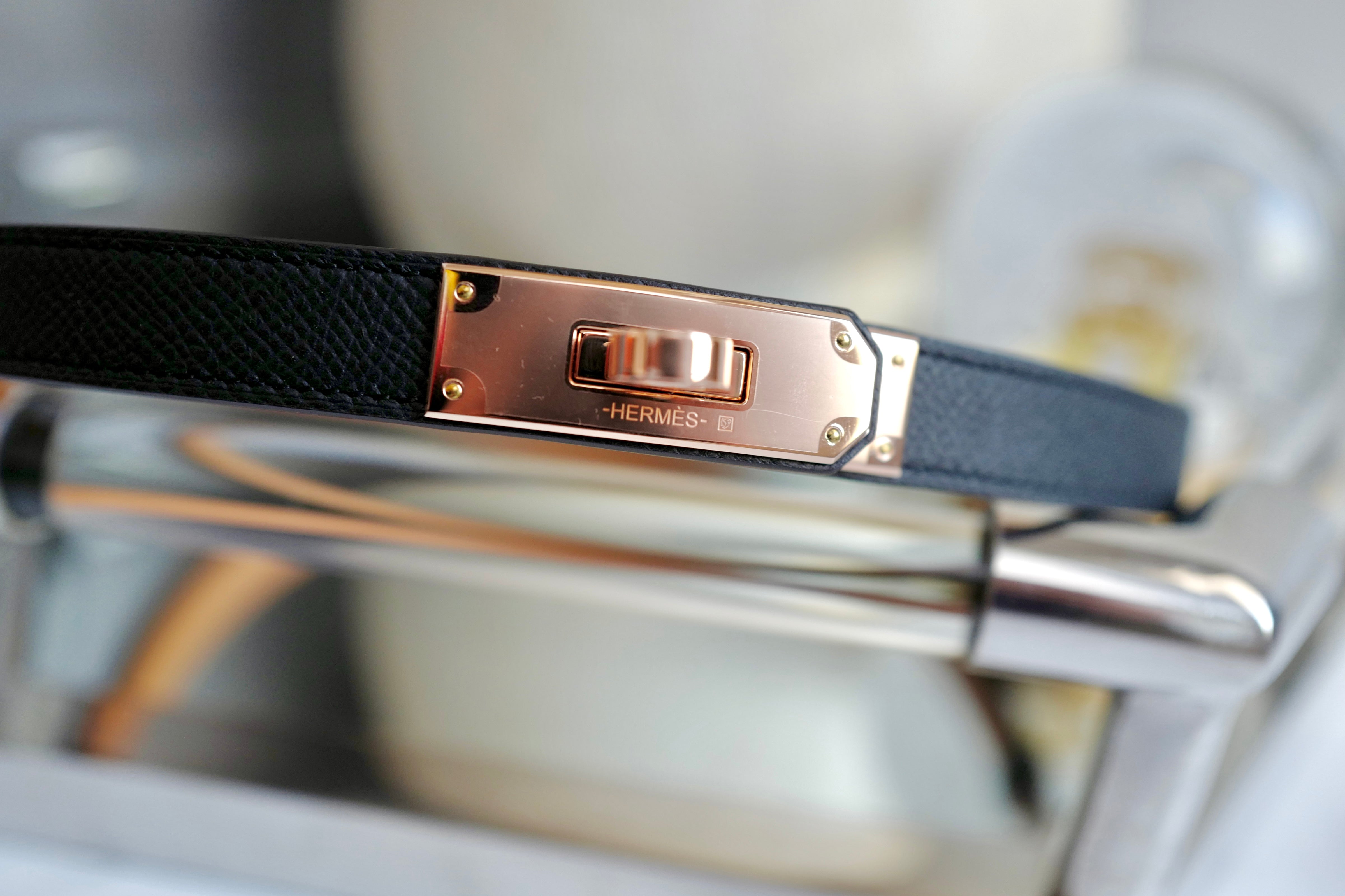NEW Hermes Kelly Belt 18 Epsom Calfskin Black Rose Gold HW