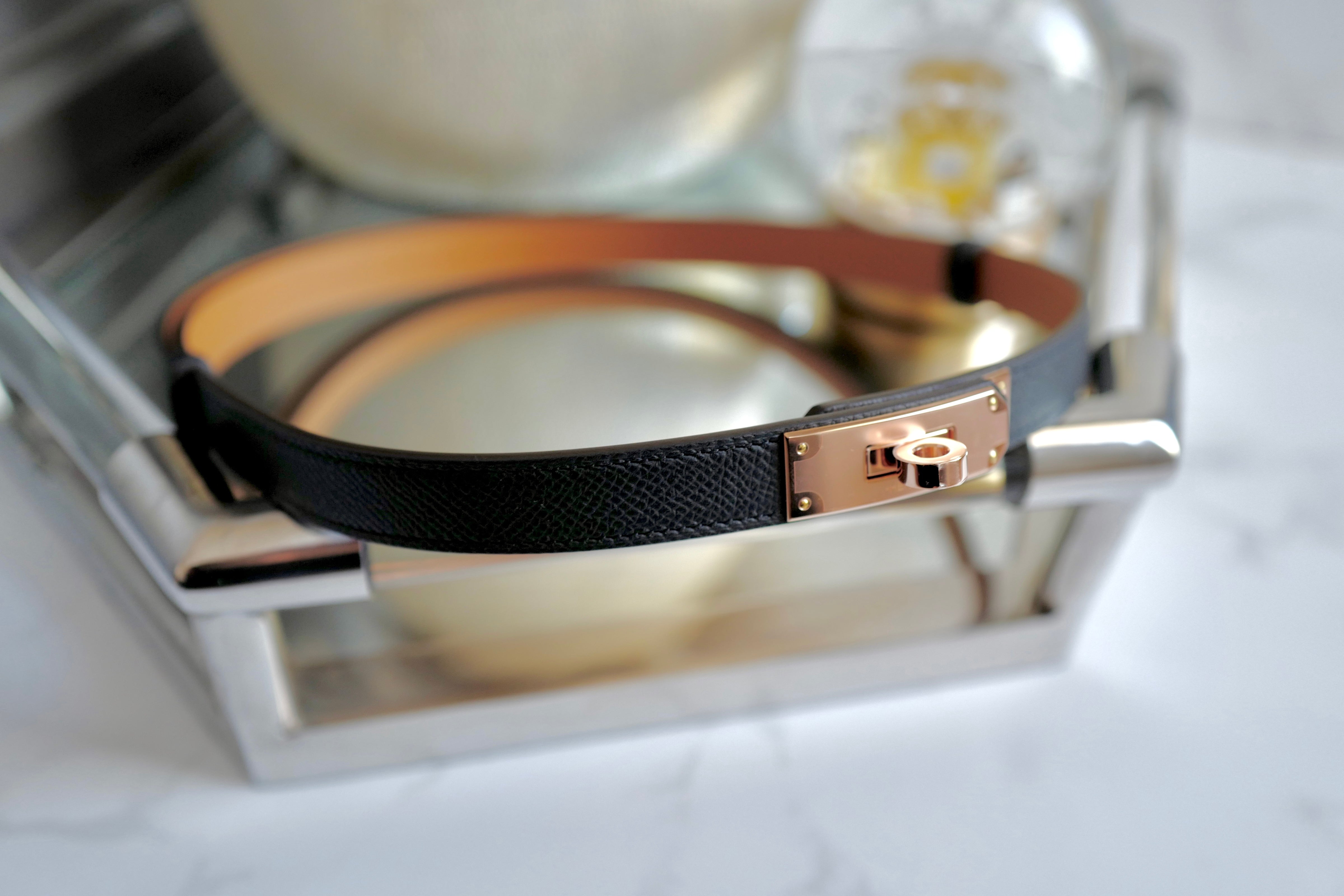 NEW Hermes Kelly Belt 18 Epsom Calfskin Black Rose Gold HW