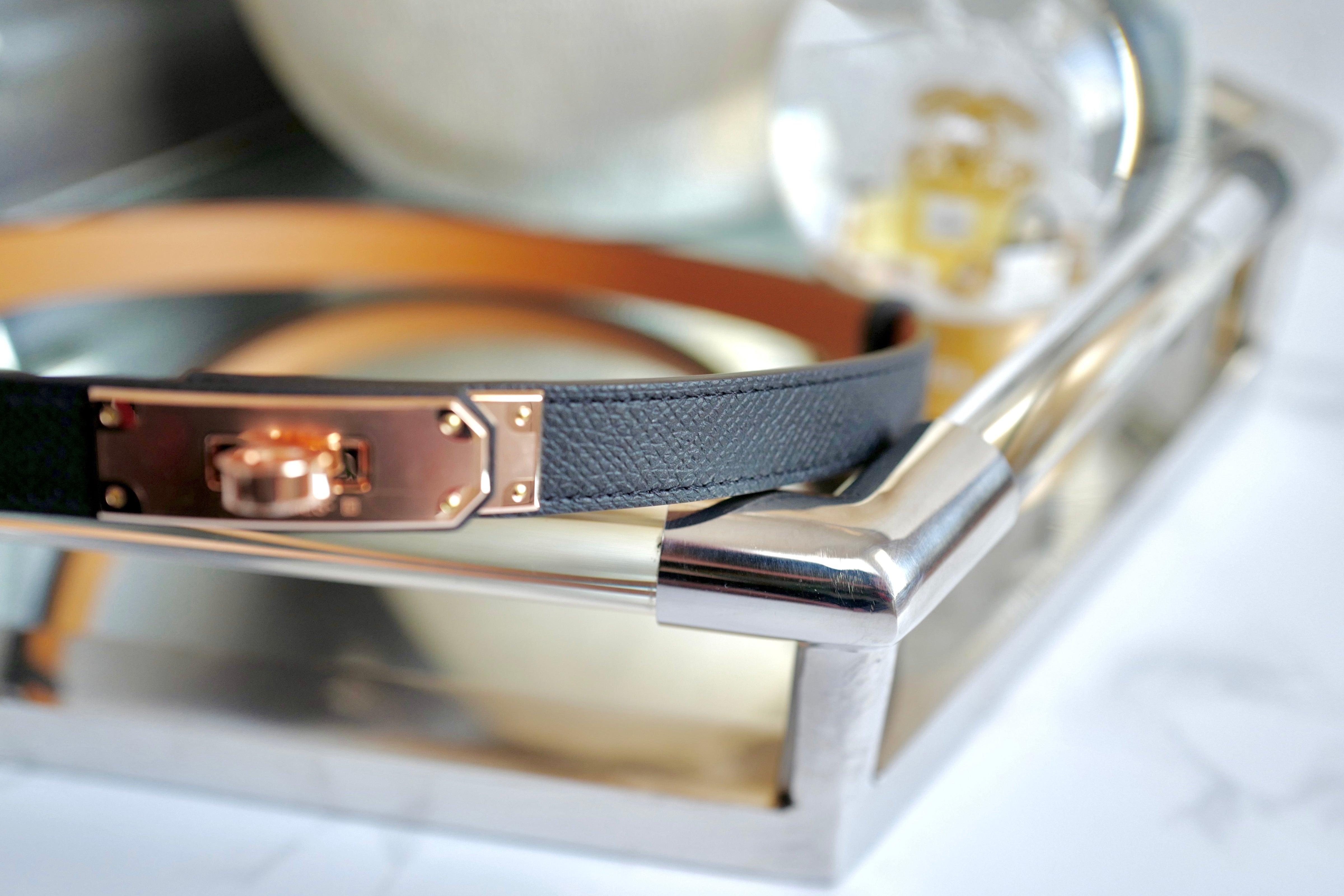 NEW Hermes Kelly Belt 18 Epsom Calfskin Black Rose Gold HW