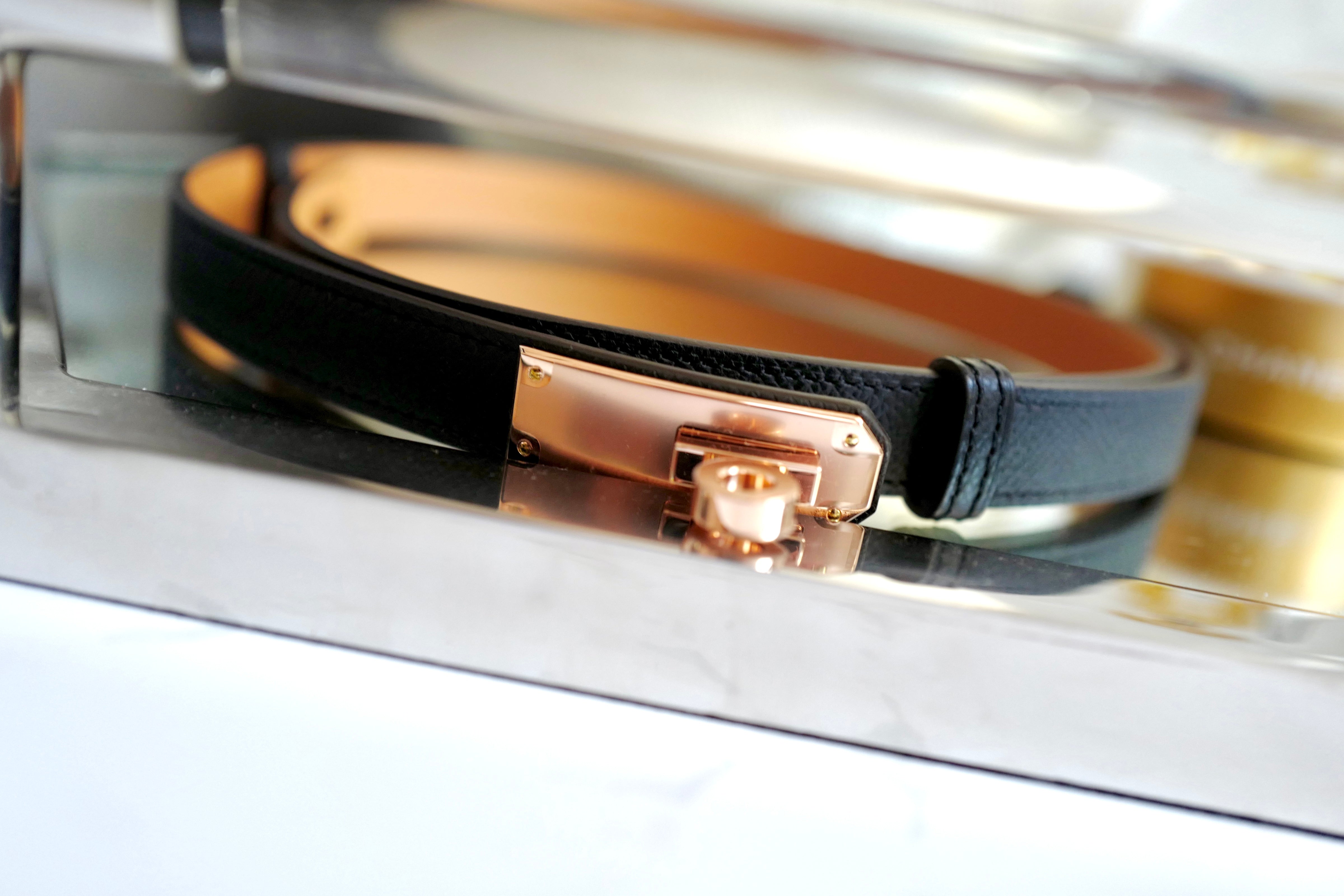 NEW Hermes Kelly Belt 18 Epsom Calfskin Black Rose Gold HW