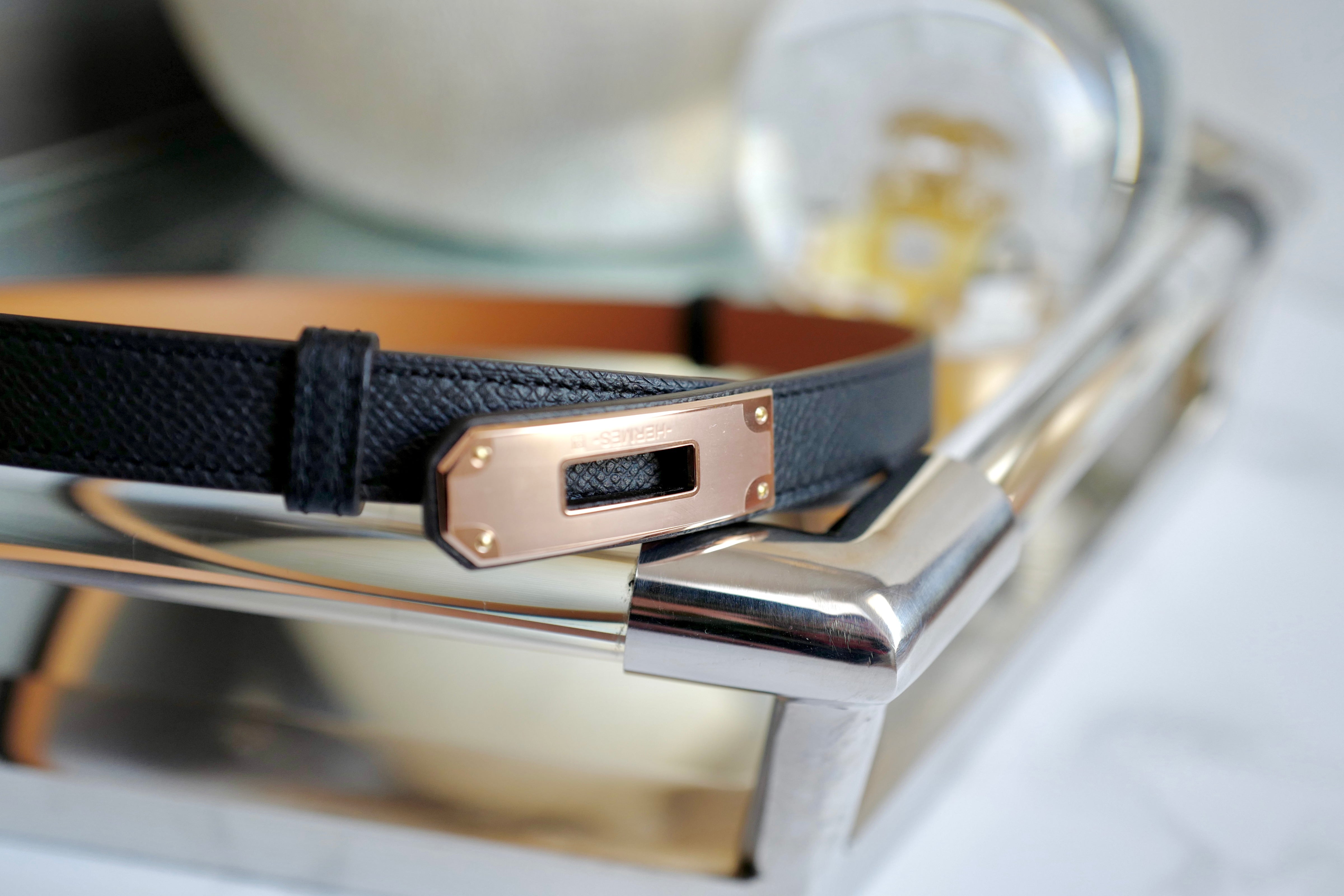NEW Hermes Kelly Belt 18 Epsom Calfskin Black Rose Gold HW